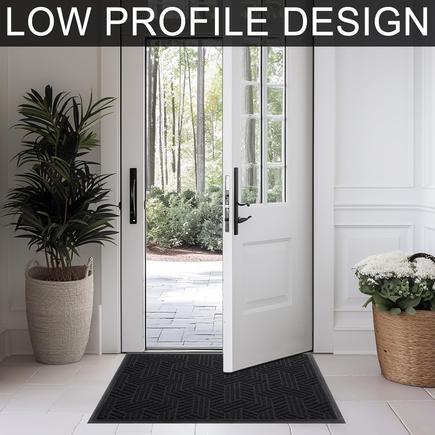 Front Door Mat 29.5"x17" Indoors Outdoors Welcome Mats, Waterproof Non-Slip Rubber Backing Heavy Duty Doormat Outside Entrance, Low Profile Entryway Rugs Floor Mat for Patio, Pattern B Black