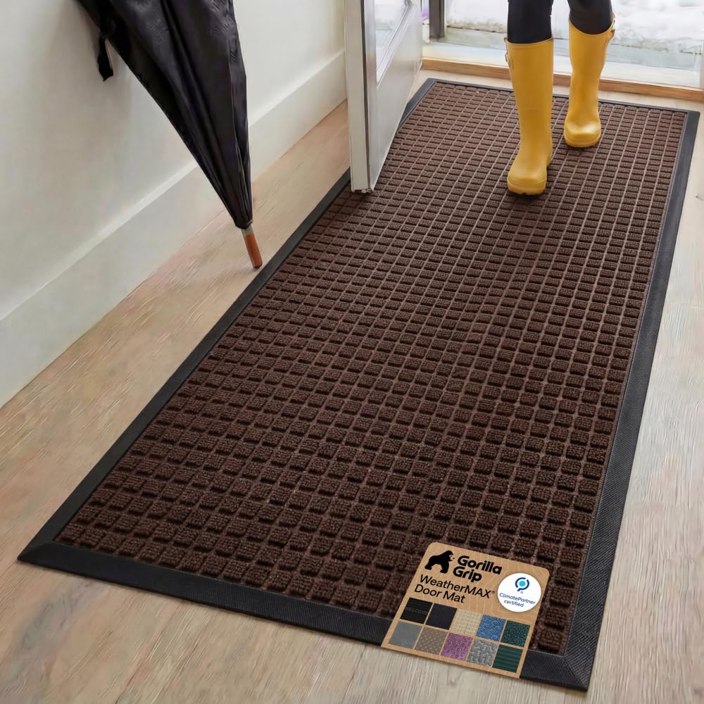 GORILLA GRIP 100% Waterproof All-Season WeatherMAX Doormat US Designed Natural Rubber, Stain Fade Resistant, Low Profile Indoor Outdoor Door Mats, Easy Clean, 29x17 Gray Diamond