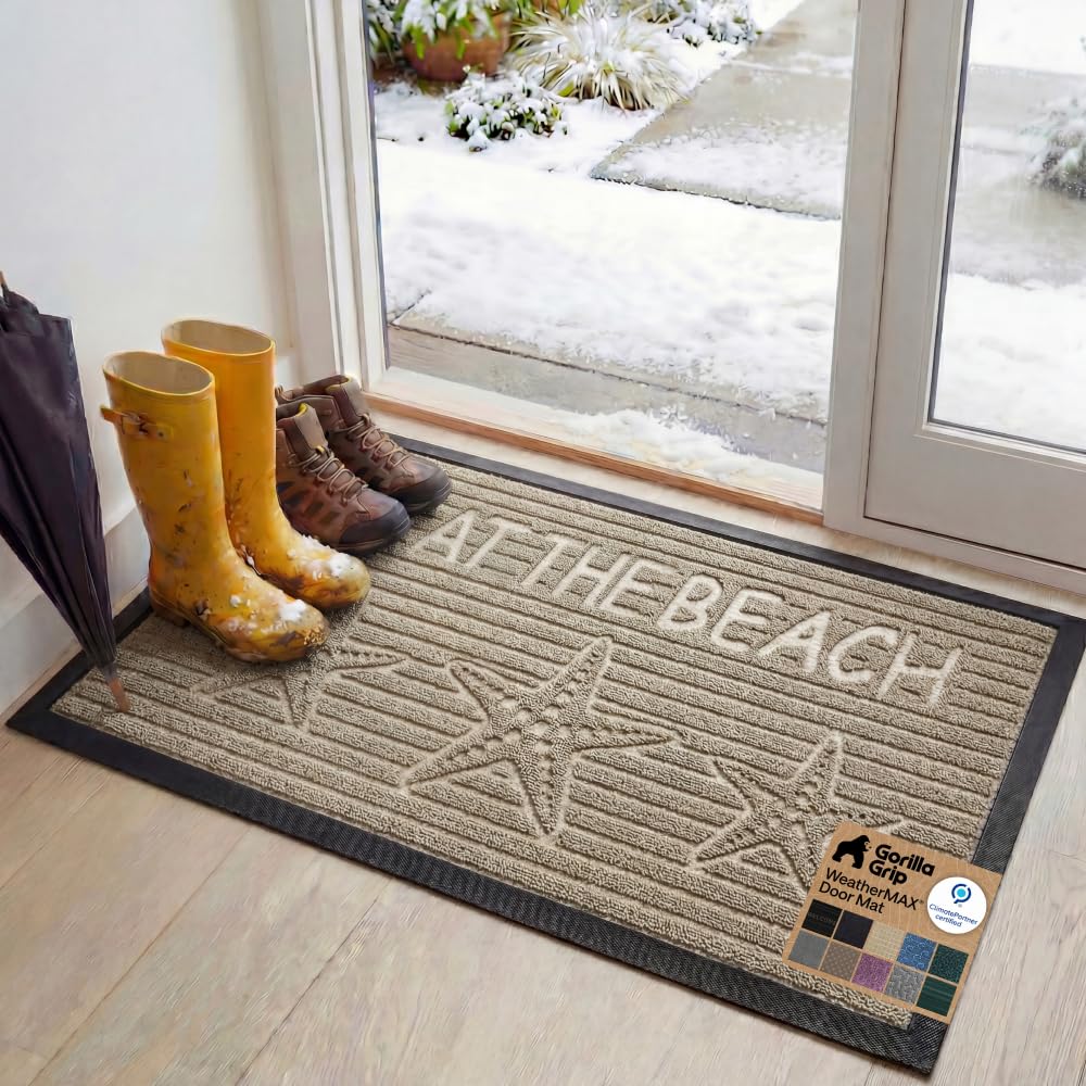GORILLA GRIP 100% Waterproof All-Season WeatherMAX Doormat US Designed Natural Rubber, Stain Fade Resistant, Low Profile Indoor Outdoor Door Mats, Easy Clean, 29x17 Gray Diamond