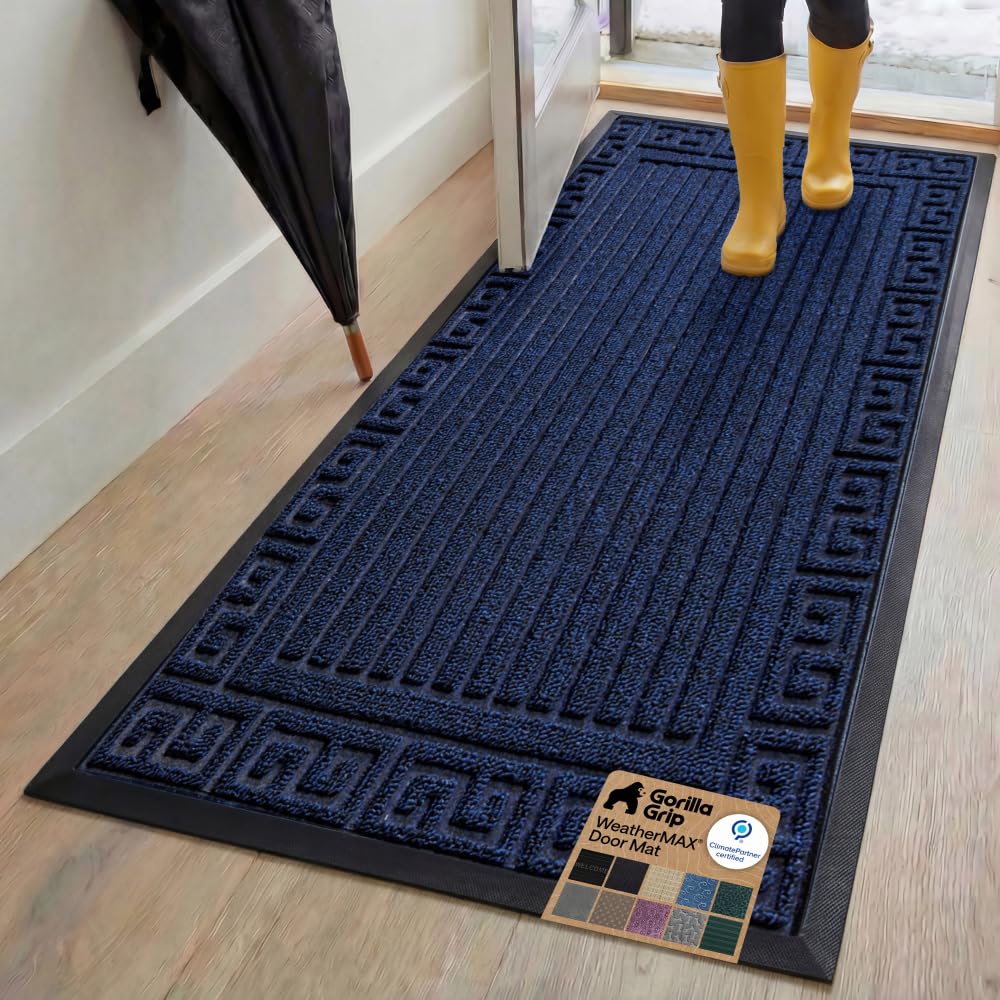 GORILLA GRIP 100% Waterproof All-Season WeatherMAX Doormat US Designed Natural Rubber, Stain Fade Resistant, Low Profile Indoor Outdoor Door Mats, Easy Clean, 29x17 Gray Diamond
