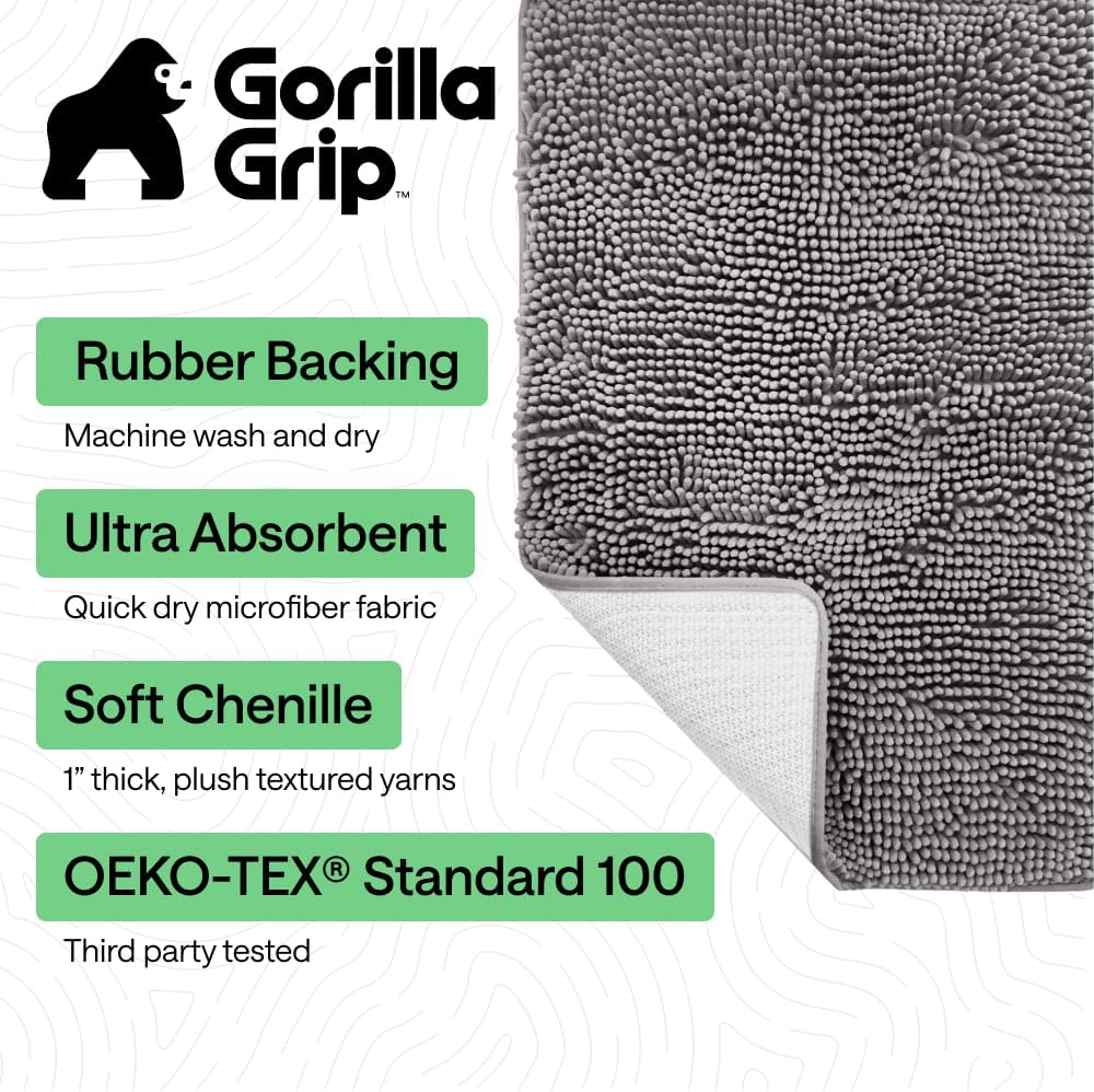 GORILLA GRIP Bath Rug Mat 36x24, Thick Soft Absorbent Chenille, Quick Dry Microfiber Mats, Rubber Backing Washable Shower Floor Rugs, Bathmat Runner, US Designed Bathroom Home Decor Accessories Grey