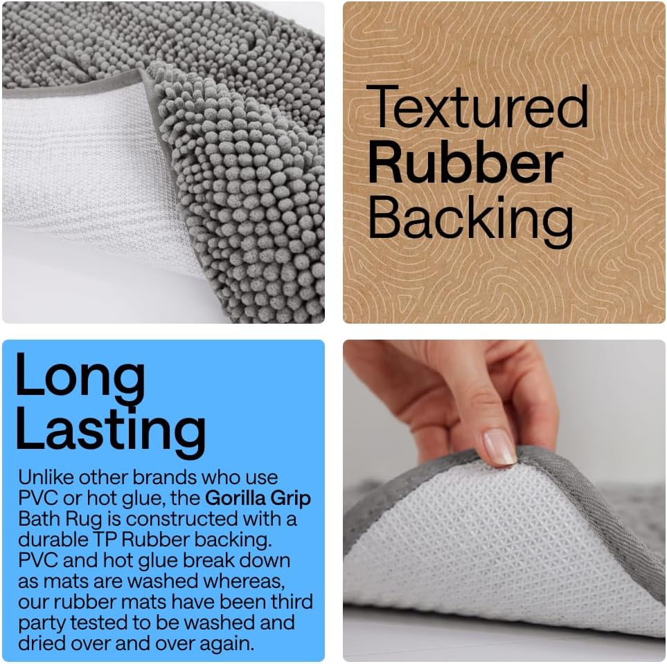 GORILLA GRIP Bath Rug Mat 36x24, Thick Soft Absorbent Chenille, Quick Dry Microfiber Mats, Rubber Backing Washable Shower Floor Rugs, Bathmat Runner, US Designed Bathroom Home Decor Accessories Grey