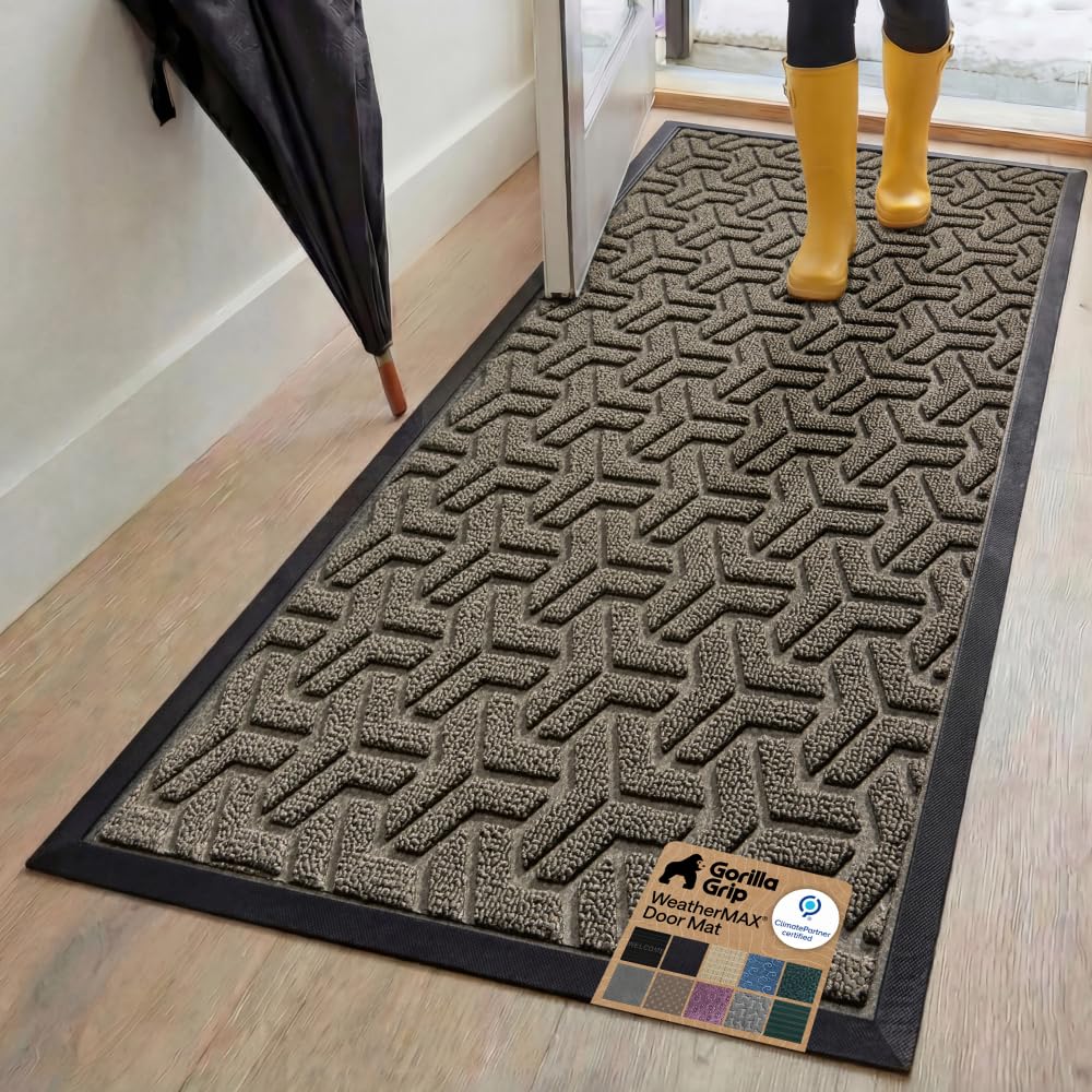 GORILLA GRIP 100% Waterproof All-Season WeatherMAX Doormat US Designed Natural Rubber, Stain Fade Resistant, Low Profile Indoor Outdoor Door Mats, Easy Clean, 29x17 Gray Diamond