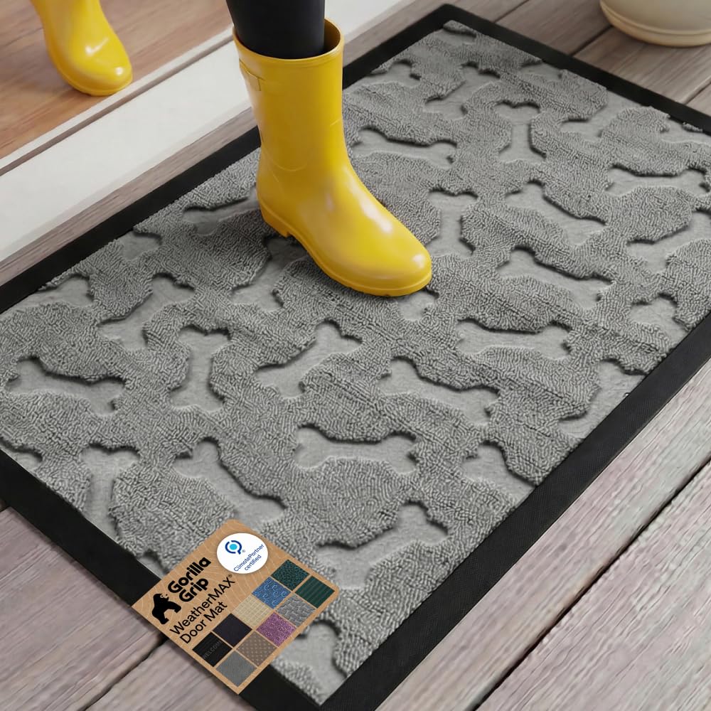 GORILLA GRIP 100% Waterproof All-Season WeatherMAX Doormat US Designed Natural Rubber, Stain Fade Resistant, Low Profile Indoor Outdoor Door Mats, Easy Clean, 29x17 Gray Diamond