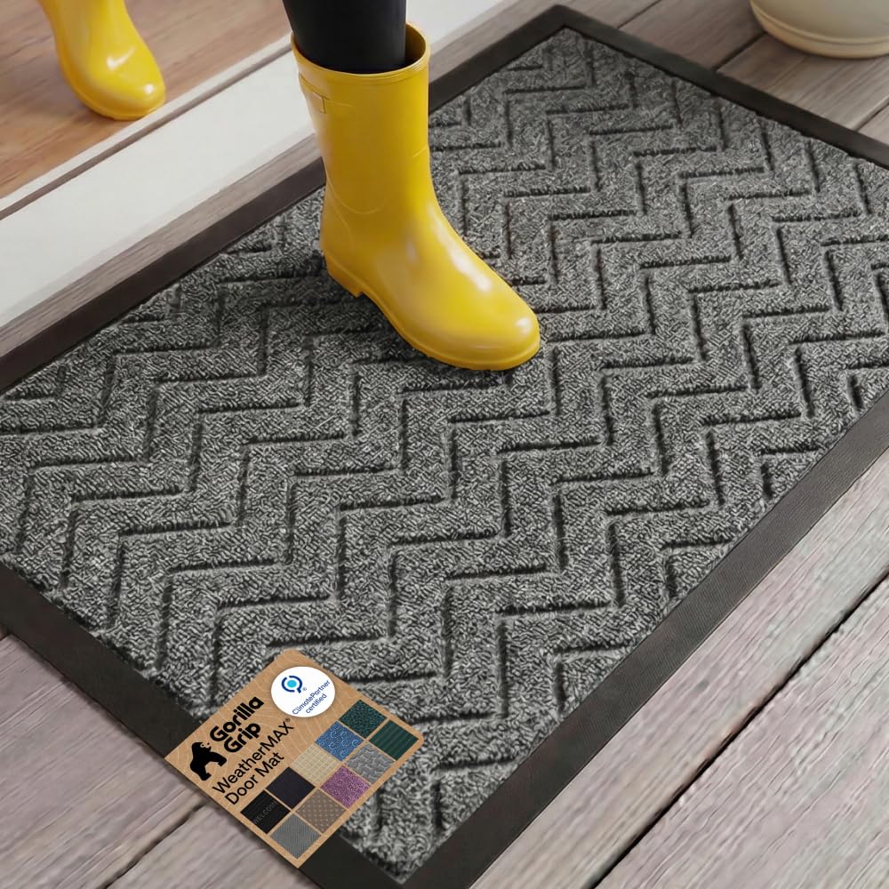 GORILLA GRIP 100% Waterproof All-Season WeatherMAX Doormat US Designed Natural Rubber, Stain Fade Resistant, Low Profile Indoor Outdoor Door Mats, Easy Clean, 29x17 Gray Diamond