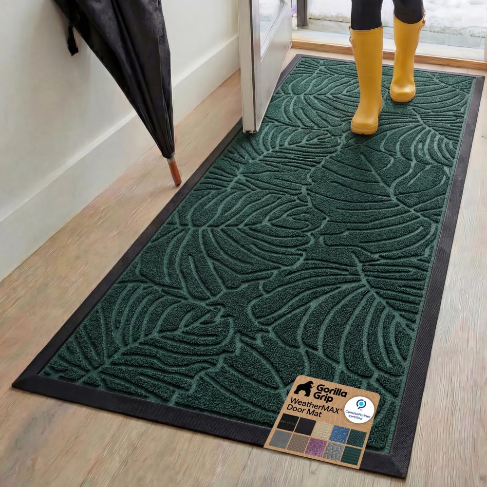 GORILLA GRIP 100% Waterproof All-Season WeatherMAX Doormat US Designed Natural Rubber, Stain Fade Resistant, Low Profile Indoor Outdoor Door Mats, Easy Clean, 29x17 Gray Diamond