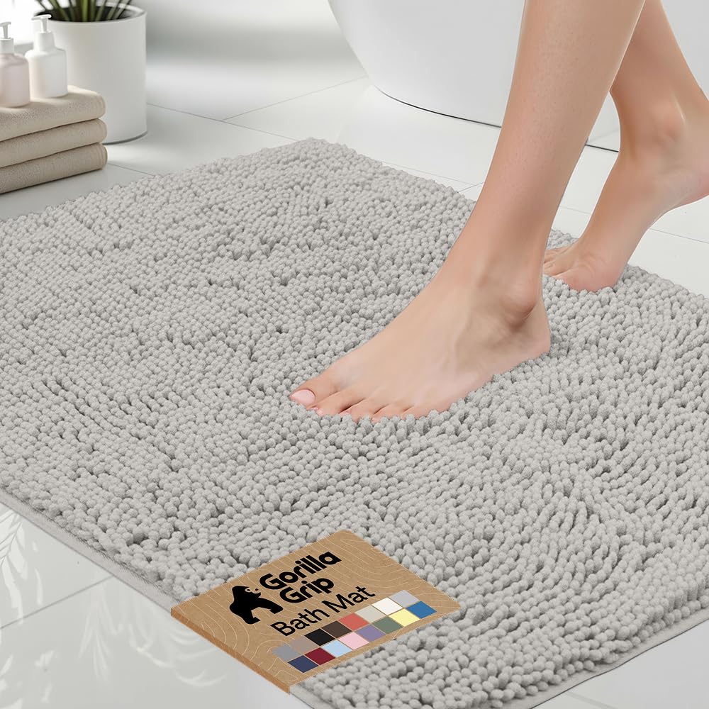 GORILLA GRIP Bath Rug Mat 36x24, Thick Soft Absorbent Chenille, Quick Dry Microfiber Mats, Rubber Backing Washable Shower Floor Rugs, Bathmat Runner, US Designed Bathroom Home Decor Accessories Grey