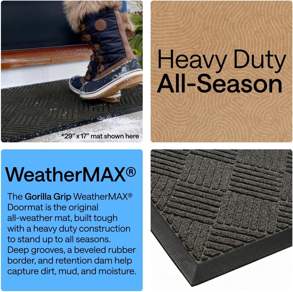GORILLA GRIP 100% Waterproof All-Season WeatherMAX Doormat US Designed Natural Rubber, Stain Fade Resistant, Low Profile Indoor Outdoor Door Mats, Easy Clean, 29x17 Gray Diamond