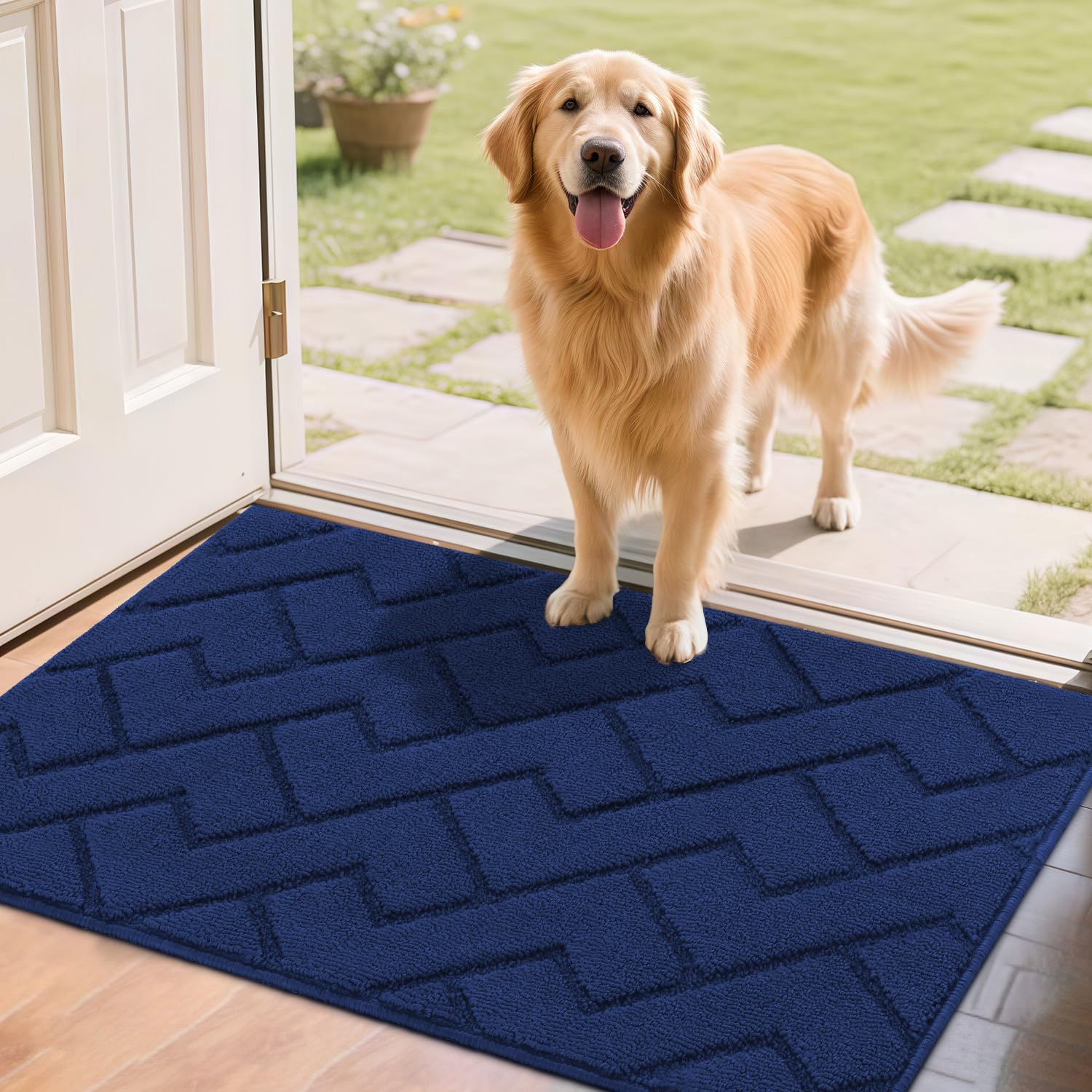 hicorfe Indoor Doormat,Front Back Door Mat Rubber Backing Non Slip Door Mats 24"x35" Absorbent Resist Dirt Entrance Doormat Inside Floor Mats for Entryway Washable Low-Profile (Navy Blue)