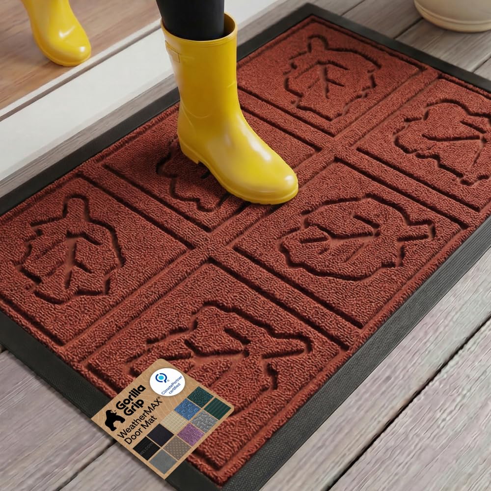 GORILLA GRIP 100% Waterproof All-Season WeatherMAX Doormat US Designed Natural Rubber, Stain Fade Resistant, Low Profile Indoor Outdoor Door Mats, Easy Clean, 29x17 Gray Diamond