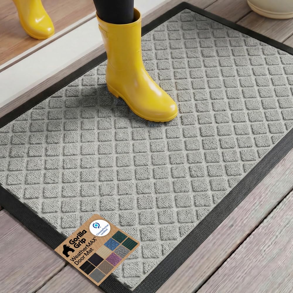 GORILLA GRIP 100% Waterproof All-Season WeatherMAX Doormat US Designed Natural Rubber, Stain Fade Resistant, Low Profile Indoor Outdoor Door Mats, Easy Clean, 29x17 Gray Diamond
