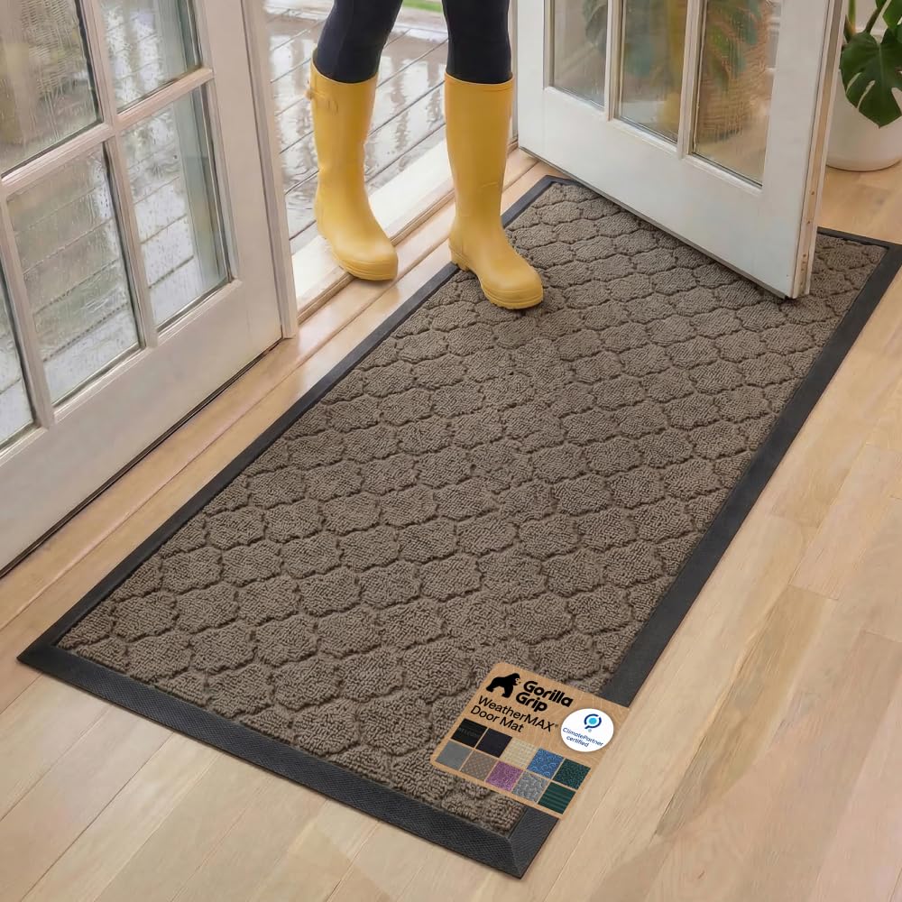 GORILLA GRIP 100% Waterproof All-Season WeatherMAX Doormat US Designed Natural Rubber, Stain Fade Resistant, Low Profile Indoor Outdoor Door Mats, Easy Clean, 29x17 Gray Diamond