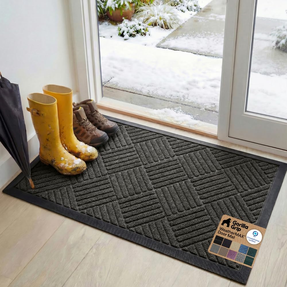 GORILLA GRIP 100% Waterproof All-Season WeatherMAX Doormat US Designed Natural Rubber, Stain Fade Resistant, Low Profile Indoor Outdoor Door Mats, Easy Clean, 29x17 Gray Diamond