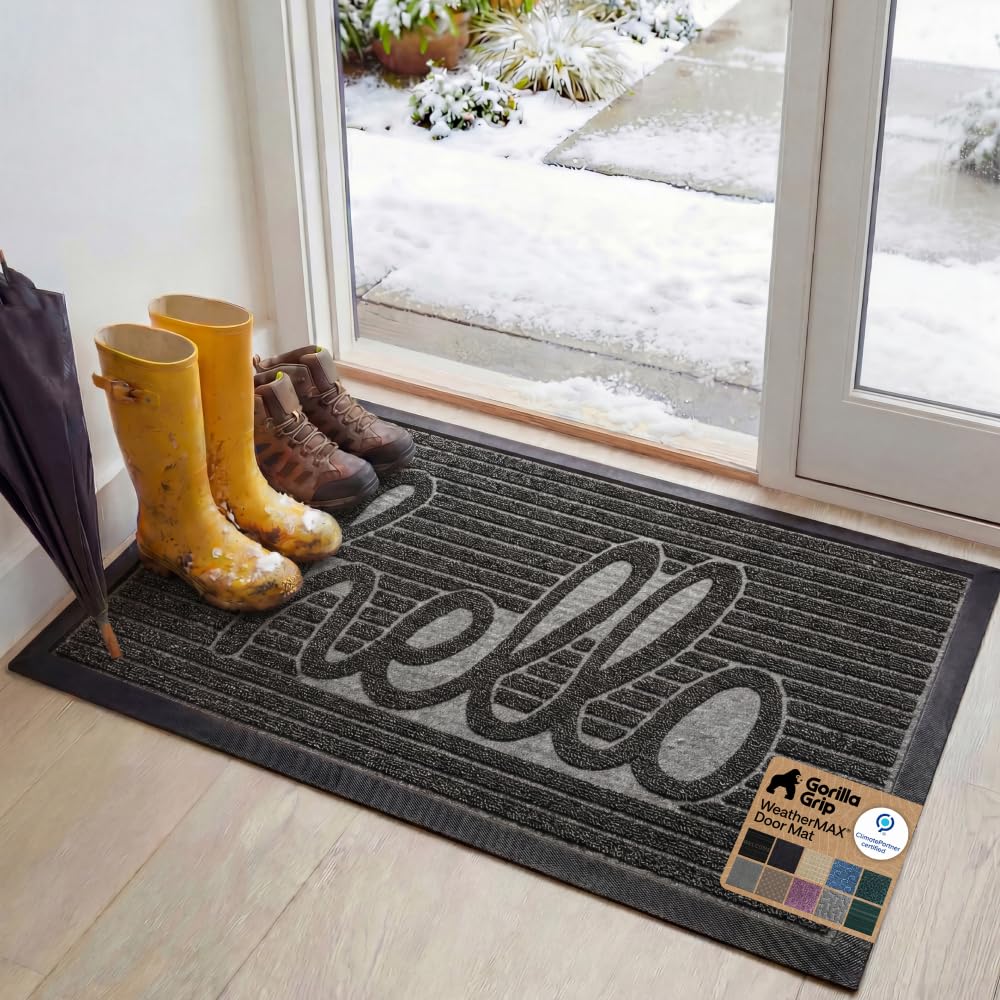 GORILLA GRIP 100% Waterproof All-Season WeatherMAX Doormat US Designed Natural Rubber, Stain Fade Resistant, Low Profile Indoor Outdoor Door Mats, Easy Clean, 29x17 Gray Diamond