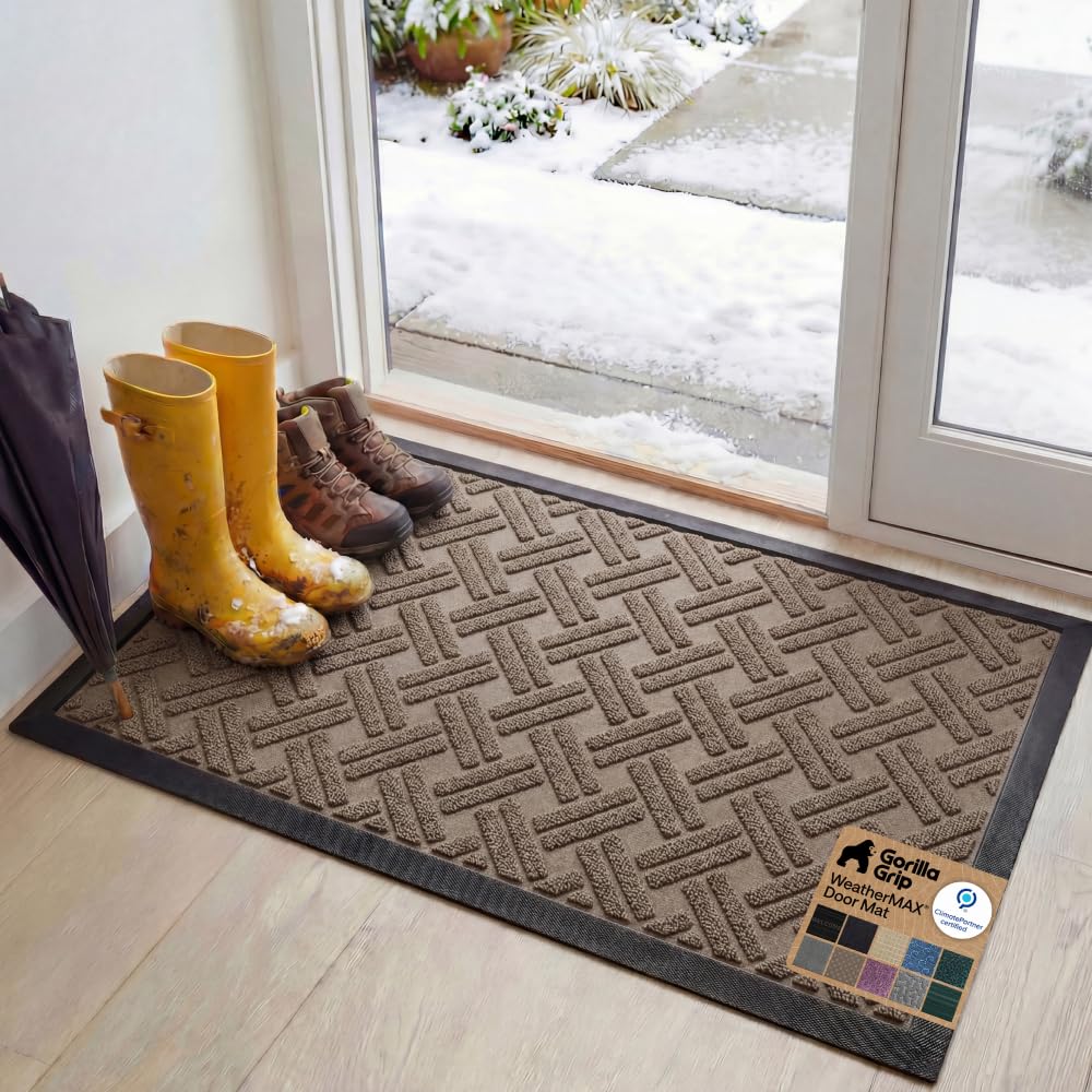 GORILLA GRIP 100% Waterproof All-Season WeatherMAX Doormat US Designed Natural Rubber, Stain Fade Resistant, Low Profile Indoor Outdoor Door Mats, Easy Clean, 29x17 Gray Diamond
