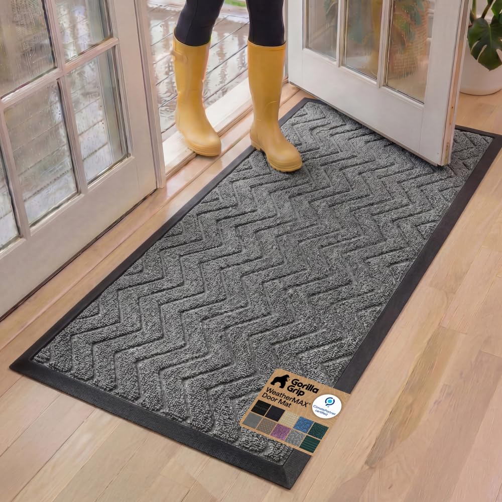 GORILLA GRIP 100% Waterproof All-Season WeatherMAX Doormat US Designed Natural Rubber, Stain Fade Resistant, Low Profile Indoor Outdoor Door Mats, Easy Clean, 29x17 Gray Diamond
