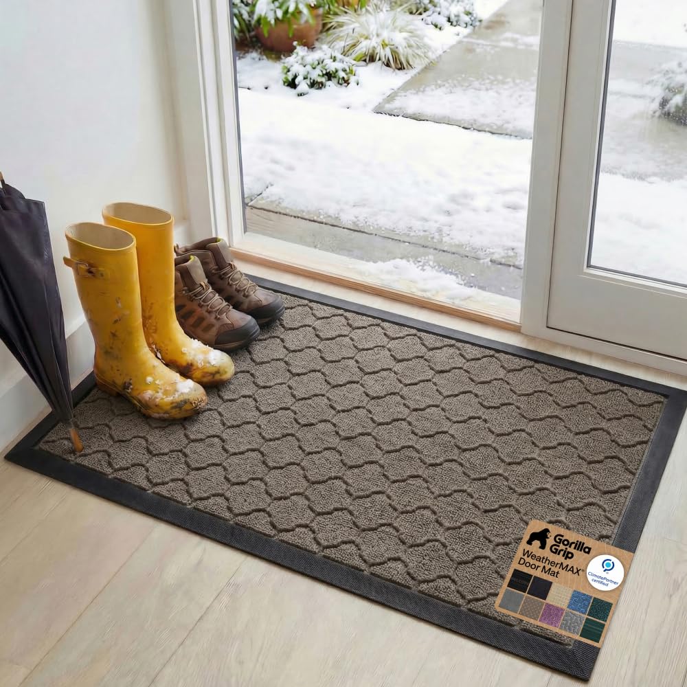 GORILLA GRIP 100% Waterproof All-Season WeatherMAX Doormat US Designed Natural Rubber, Stain Fade Resistant, Low Profile Indoor Outdoor Door Mats, Easy Clean, 29x17 Gray Diamond