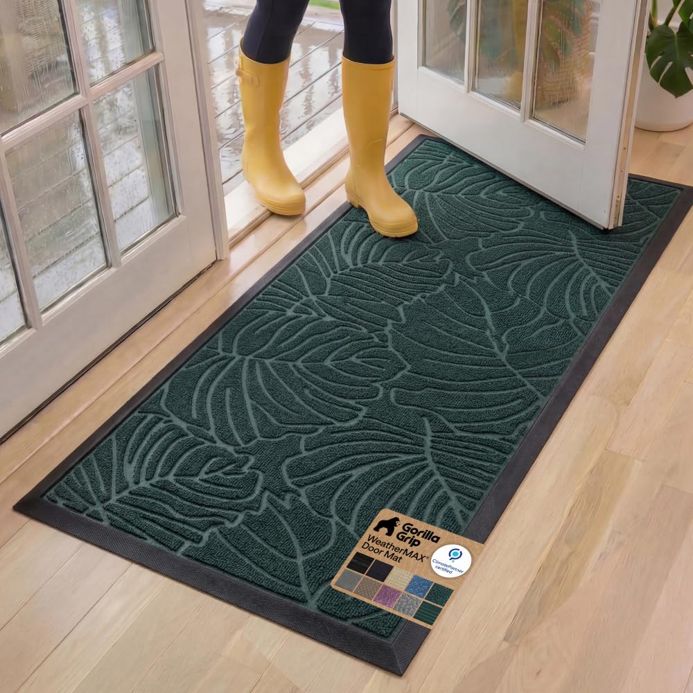 GORILLA GRIP 100% Waterproof All-Season WeatherMAX Doormat US Designed Natural Rubber, Stain Fade Resistant, Low Profile Indoor Outdoor Door Mats, Easy Clean, 29x17 Gray Diamond