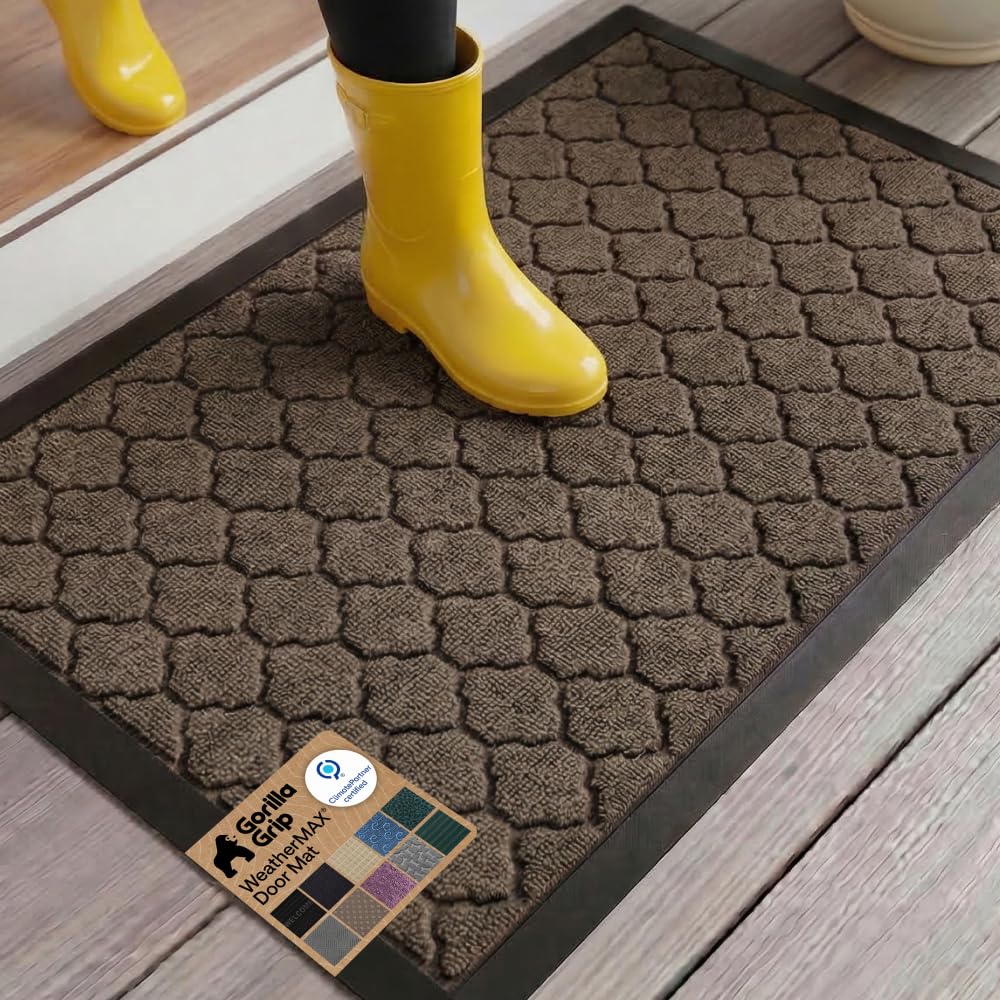 GORILLA GRIP 100% Waterproof All-Season WeatherMAX Doormat US Designed Natural Rubber, Stain Fade Resistant, Low Profile Indoor Outdoor Door Mats, Easy Clean, 29x17 Gray Diamond