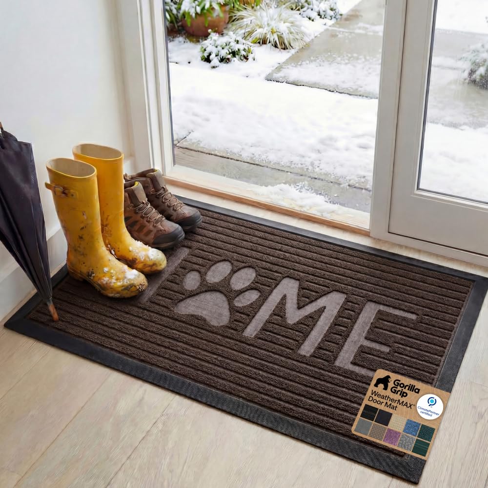 GORILLA GRIP 100% Waterproof All-Season WeatherMAX Doormat US Designed Natural Rubber, Stain Fade Resistant, Low Profile Indoor Outdoor Door Mats, Easy Clean, 29x17 Gray Diamond