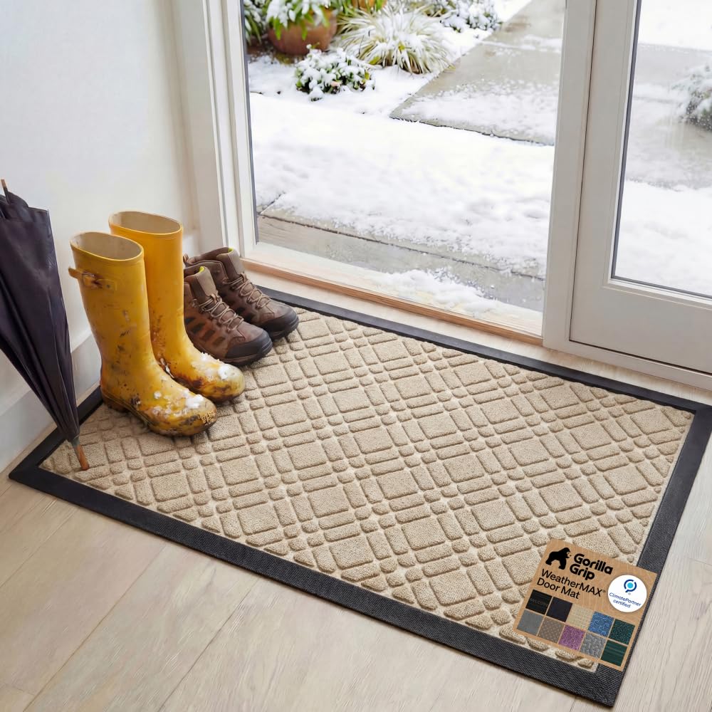 GORILLA GRIP 100% Waterproof All-Season WeatherMAX Doormat US Designed Natural Rubber, Stain Fade Resistant, Low Profile Indoor Outdoor Door Mats, Easy Clean, 29x17 Gray Diamond