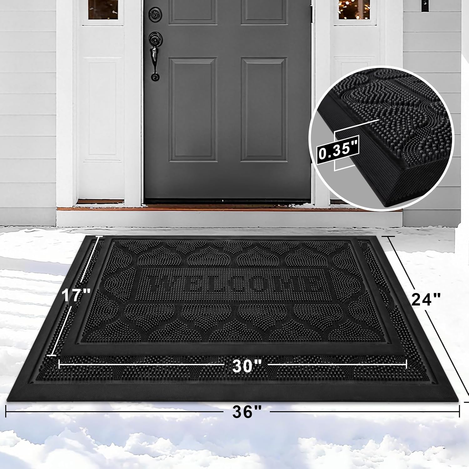 FRAMICS Front Door Mat Outside Entrance, Heavy Duty Rubber Door Mats Outdoor Welcome Mat Waterproof Doormat Non Slip for Entryway Doormats Dirt Trapper Indoor Mats All Seasons, 17 x 30 Inches, Black