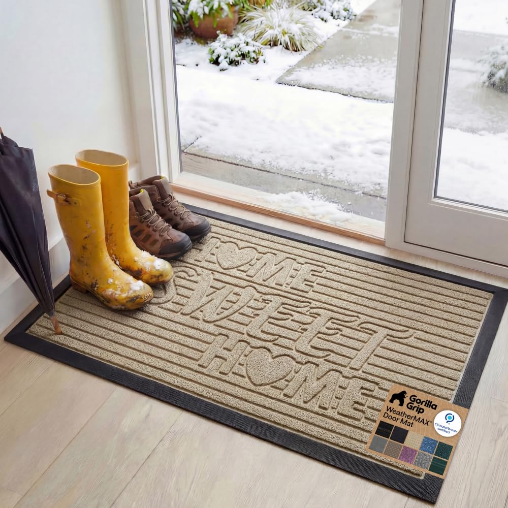 GORILLA GRIP 100% Waterproof All-Season WeatherMAX Doormat US Designed Natural Rubber, Stain Fade Resistant, Low Profile Indoor Outdoor Door Mats, Easy Clean, 29x17 Gray Diamond