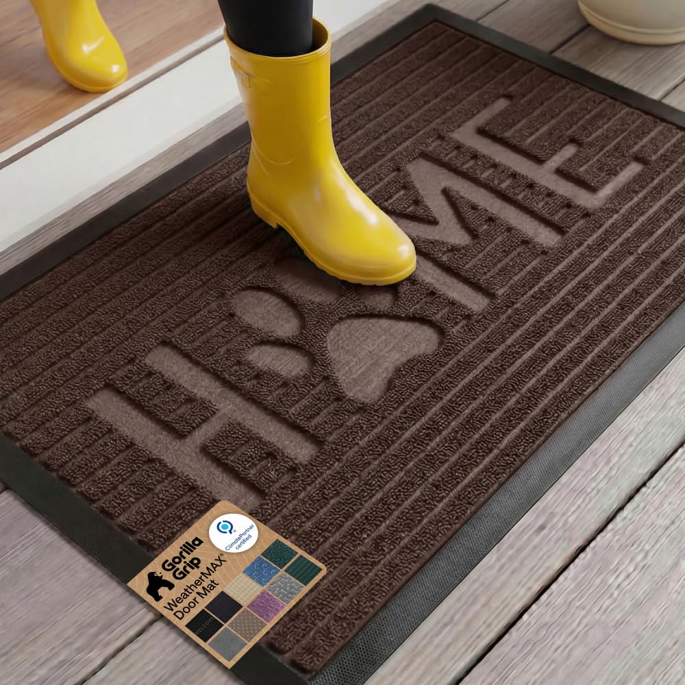 GORILLA GRIP 100% Waterproof All-Season WeatherMAX Doormat US Designed Natural Rubber, Stain Fade Resistant, Low Profile Indoor Outdoor Door Mats, Easy Clean, 29x17 Gray Diamond