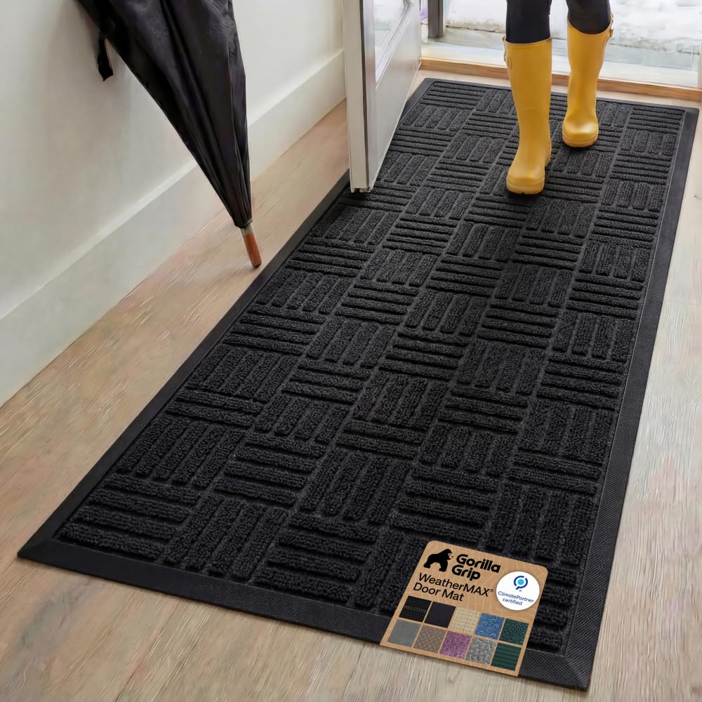 GORILLA GRIP 100% Waterproof All-Season WeatherMAX Doormat US Designed Natural Rubber, Stain Fade Resistant, Low Profile Indoor Outdoor Door Mats, Easy Clean, 29x17 Gray Diamond