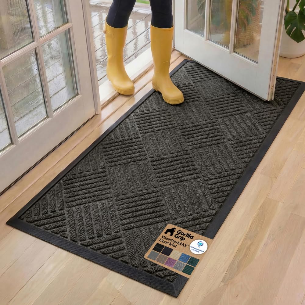 GORILLA GRIP 100% Waterproof All-Season WeatherMAX Doormat US Designed Natural Rubber, Stain Fade Resistant, Low Profile Indoor Outdoor Door Mats, Easy Clean, 29x17 Gray Diamond
