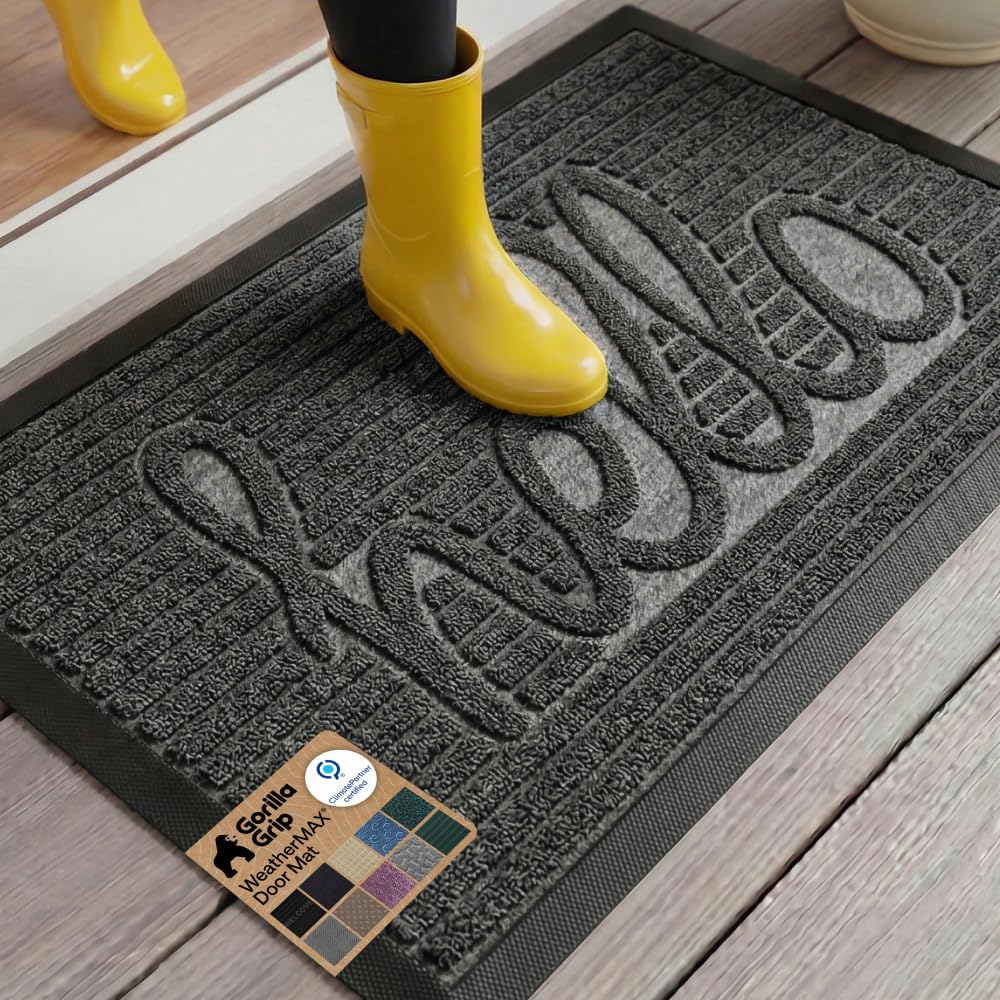 GORILLA GRIP 100% Waterproof All-Season WeatherMAX Doormat US Designed Natural Rubber, Stain Fade Resistant, Low Profile Indoor Outdoor Door Mats, Easy Clean, 29x17 Gray Diamond