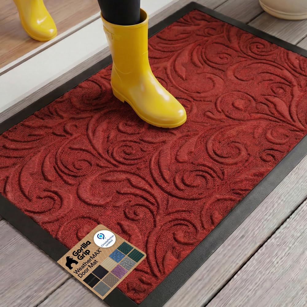 GORILLA GRIP 100% Waterproof All-Season WeatherMAX Doormat US Designed Natural Rubber, Stain Fade Resistant, Low Profile Indoor Outdoor Door Mats, Easy Clean, 29x17 Gray Diamond