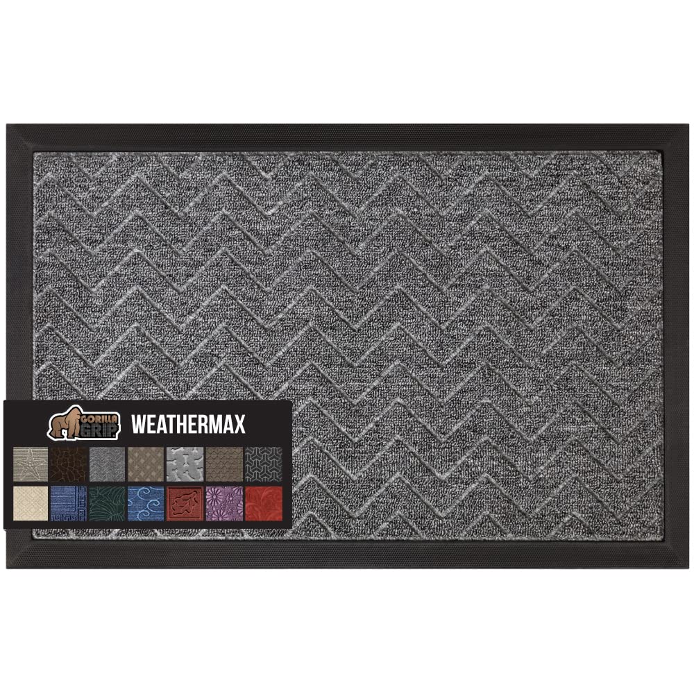 GORILLA GRIP 100% Waterproof All-Season WeatherMAX Doormat US Designed Natural Rubber, Stain Fade Resistant, Low Profile Indoor Outdoor Door Mats, Easy Clean, 29x17 Gray Diamond