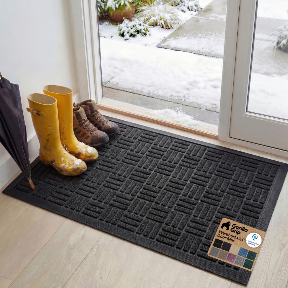 GORILLA GRIP 100% Waterproof All-Season WeatherMAX Doormat US Designed Natural Rubber, Stain Fade Resistant, Low Profile Indoor Outdoor Door Mats, Easy Clean, 29x17 Gray Diamond