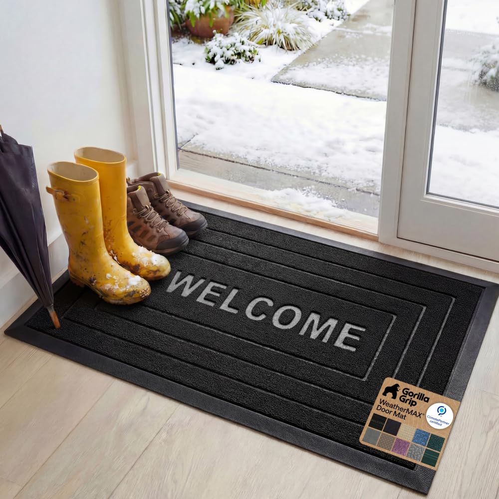 GORILLA GRIP 100% Waterproof All-Season WeatherMAX Doormat US Designed Natural Rubber, Stain Fade Resistant, Low Profile Indoor Outdoor Door Mats, Easy Clean, 29x17 Gray Diamond