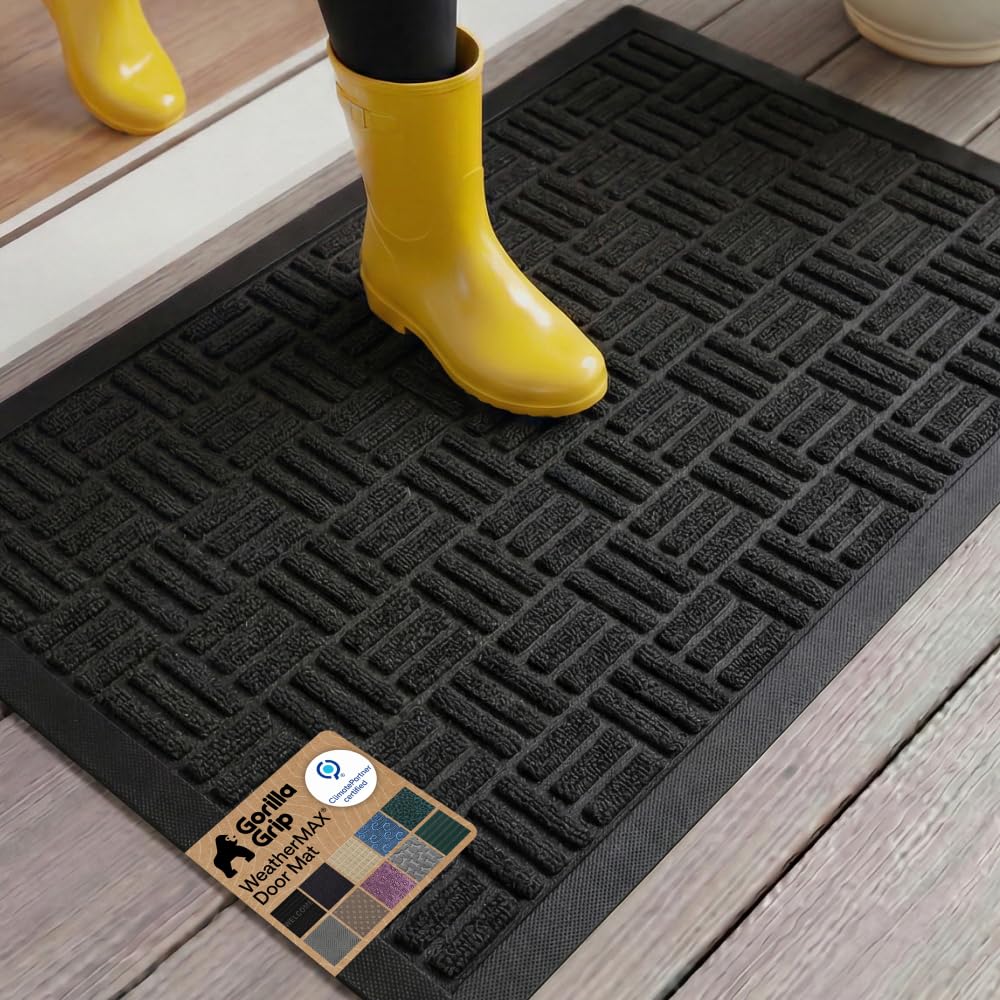 GORILLA GRIP 100% Waterproof All-Season WeatherMAX Doormat US Designed Natural Rubber, Stain Fade Resistant, Low Profile Indoor Outdoor Door Mats, Easy Clean, 29x17 Gray Diamond