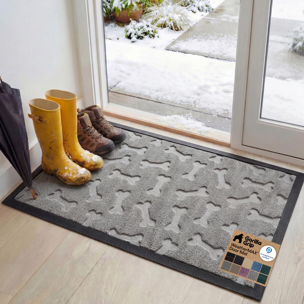 GORILLA GRIP 100% Waterproof All-Season WeatherMAX Doormat US Designed Natural Rubber, Stain Fade Resistant, Low Profile Indoor Outdoor Door Mats, Easy Clean, 29x17 Gray Diamond