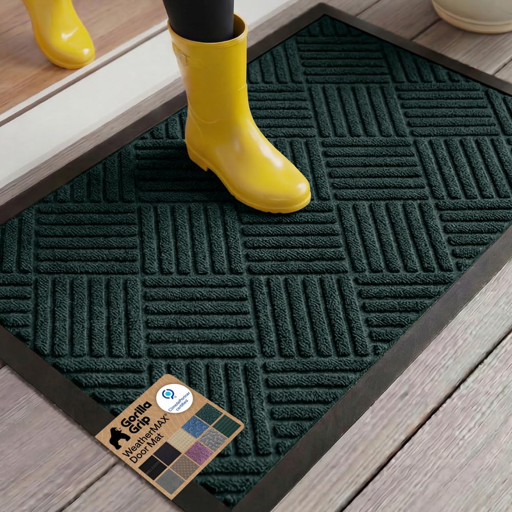 GORILLA GRIP 100% Waterproof All-Season WeatherMAX Doormat US Designed Natural Rubber, Stain Fade Resistant, Low Profile Indoor Outdoor Door Mats, Easy Clean, 29x17 Gray Diamond