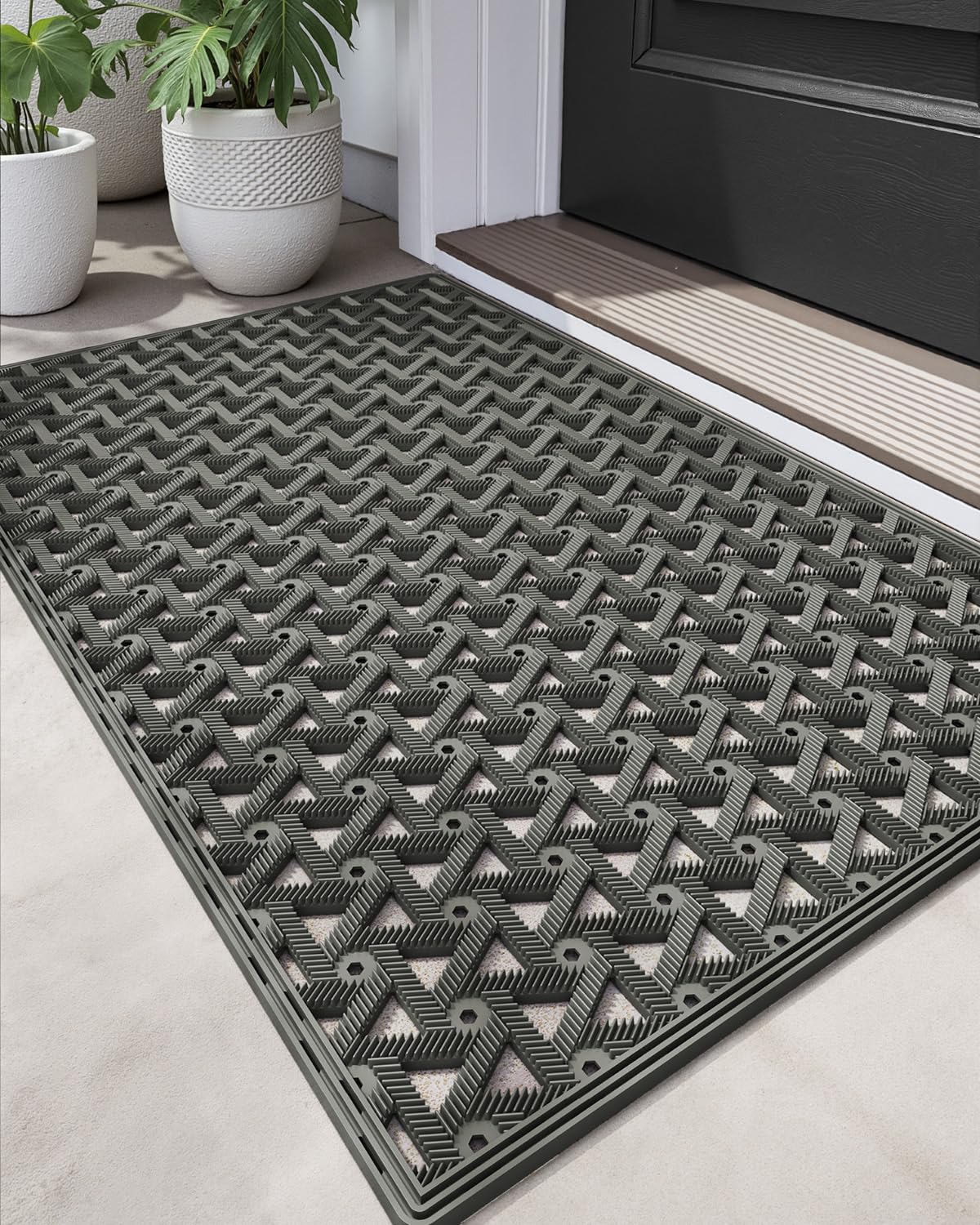 DEXI Front Door Mat Outside Entrance Rubber 19x30, Welcome Floor Doormat Heavy Duty Non Slip, Dirt Trapper Waterproof Exterior Entry Mats All Weather for Patio Entryway Drainage, Black
