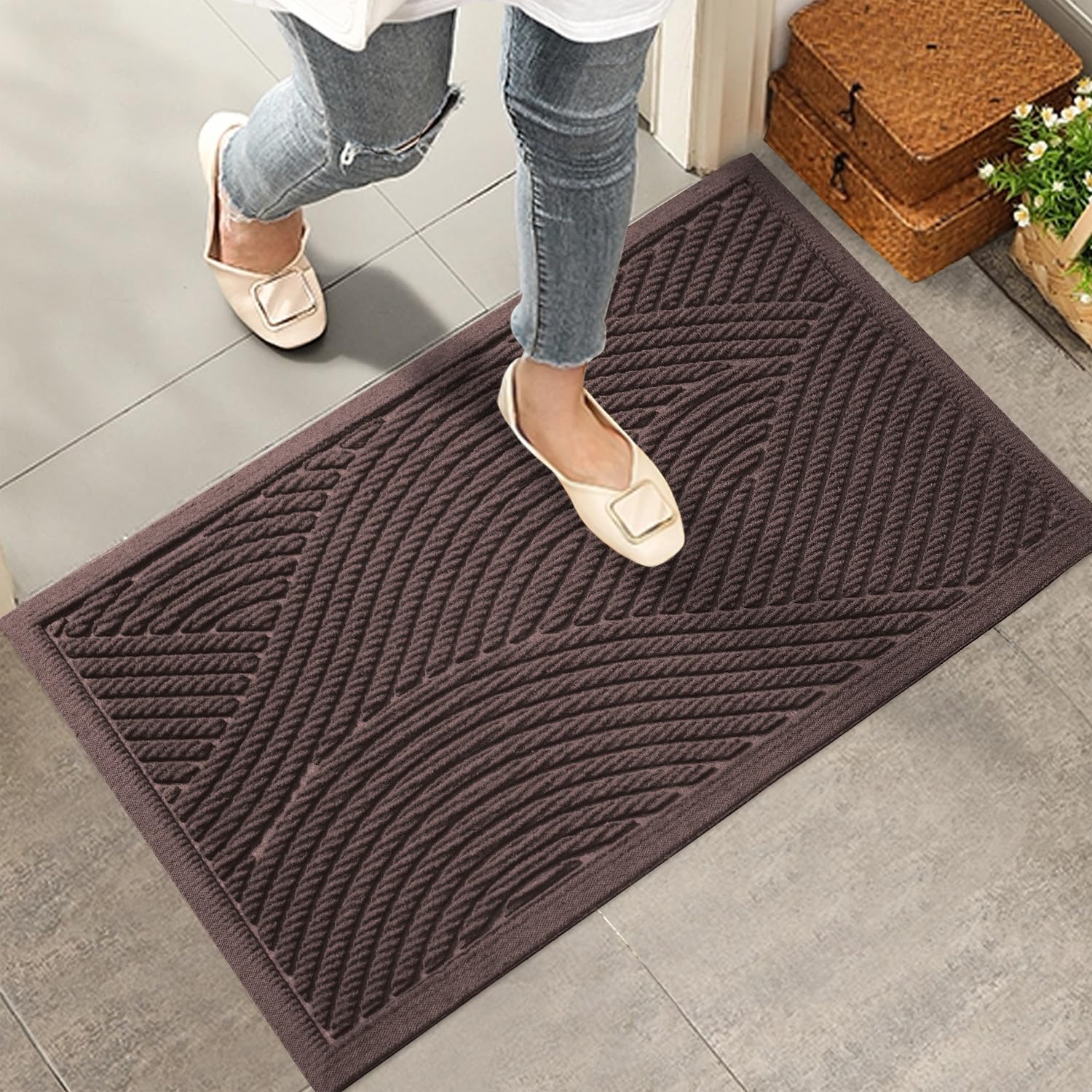 HIYARD Sturdy Front Door Mat, Absorbent Muddy Dirt Resist Welcome Door Mats Outdoor Indoor, Stain and Fade Resistant, Non-Slip Backing Entry Mat Low Profile Doormat for Entryway, 29×17, Beige