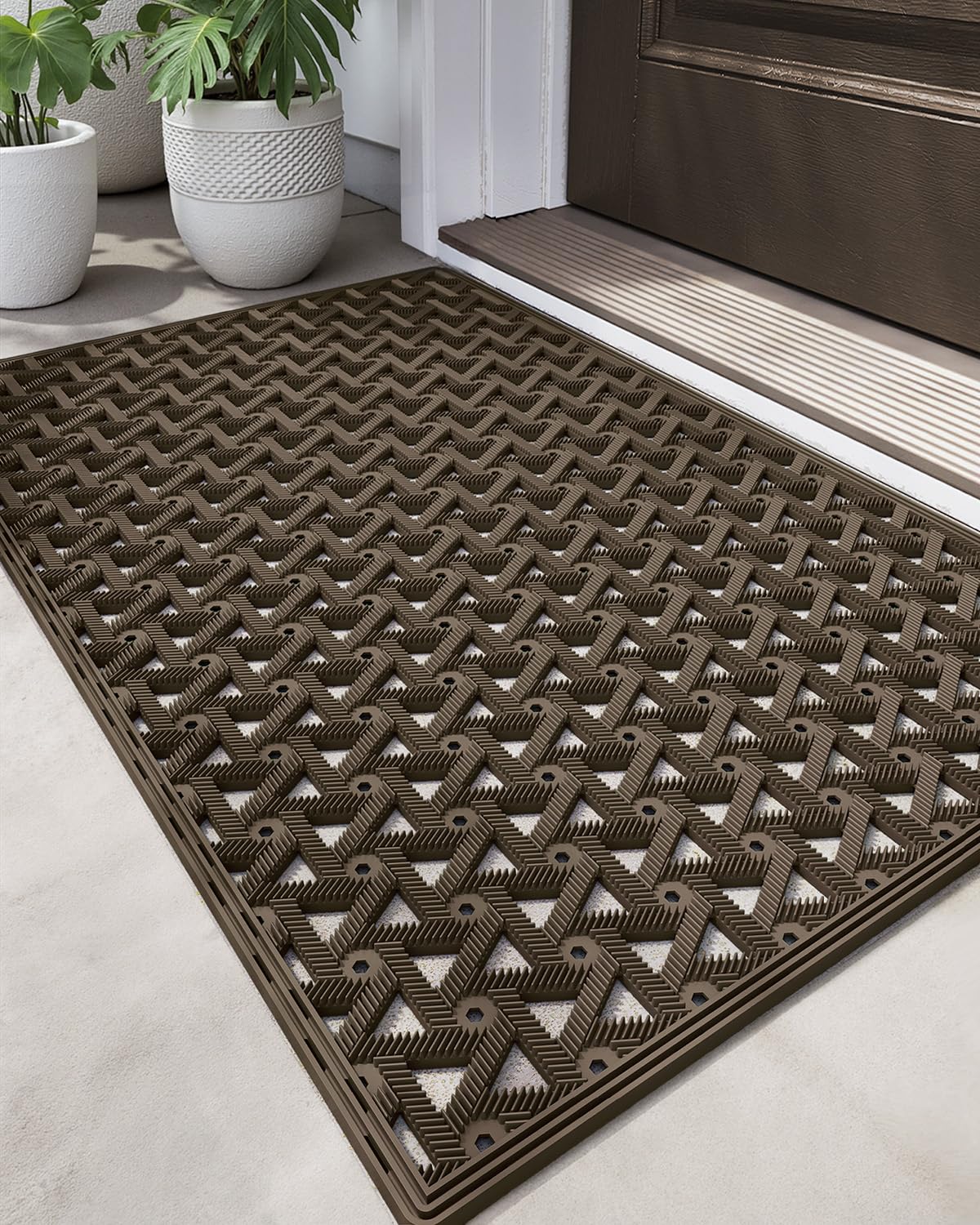 DEXI Front Door Mat Outside Entrance Rubber 19x30, Welcome Floor Doormat Heavy Duty Non Slip, Dirt Trapper Waterproof Exterior Entry Mats All Weather for Patio Entryway Drainage, Black