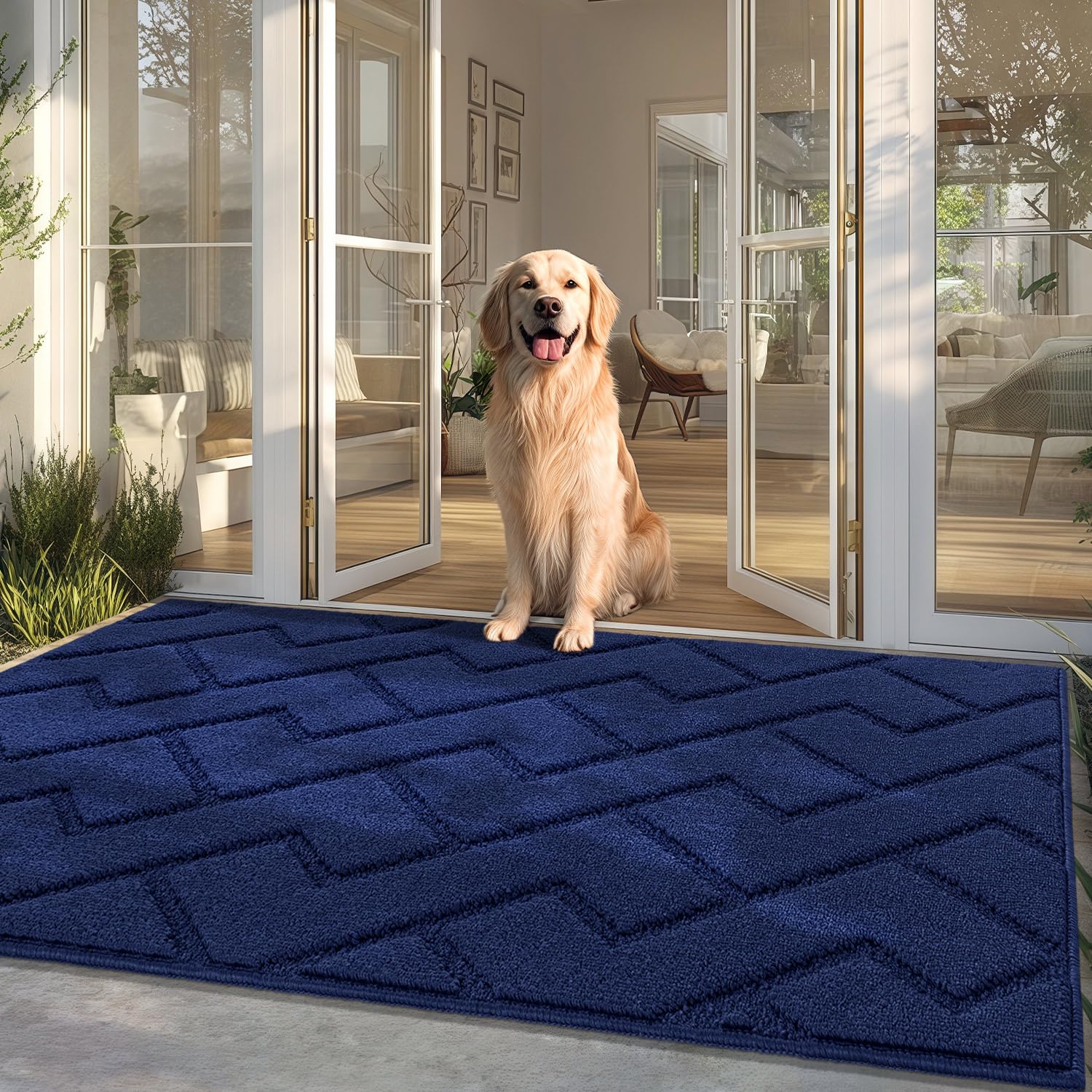 hicorfe Indoor Doormat,Front Back Door Mat Rubber Backing Non Slip Door Mats 24"x35" Absorbent Resist Dirt Entrance Doormat Inside Floor Mats for Entryway Washable Low-Profile (Navy Blue)