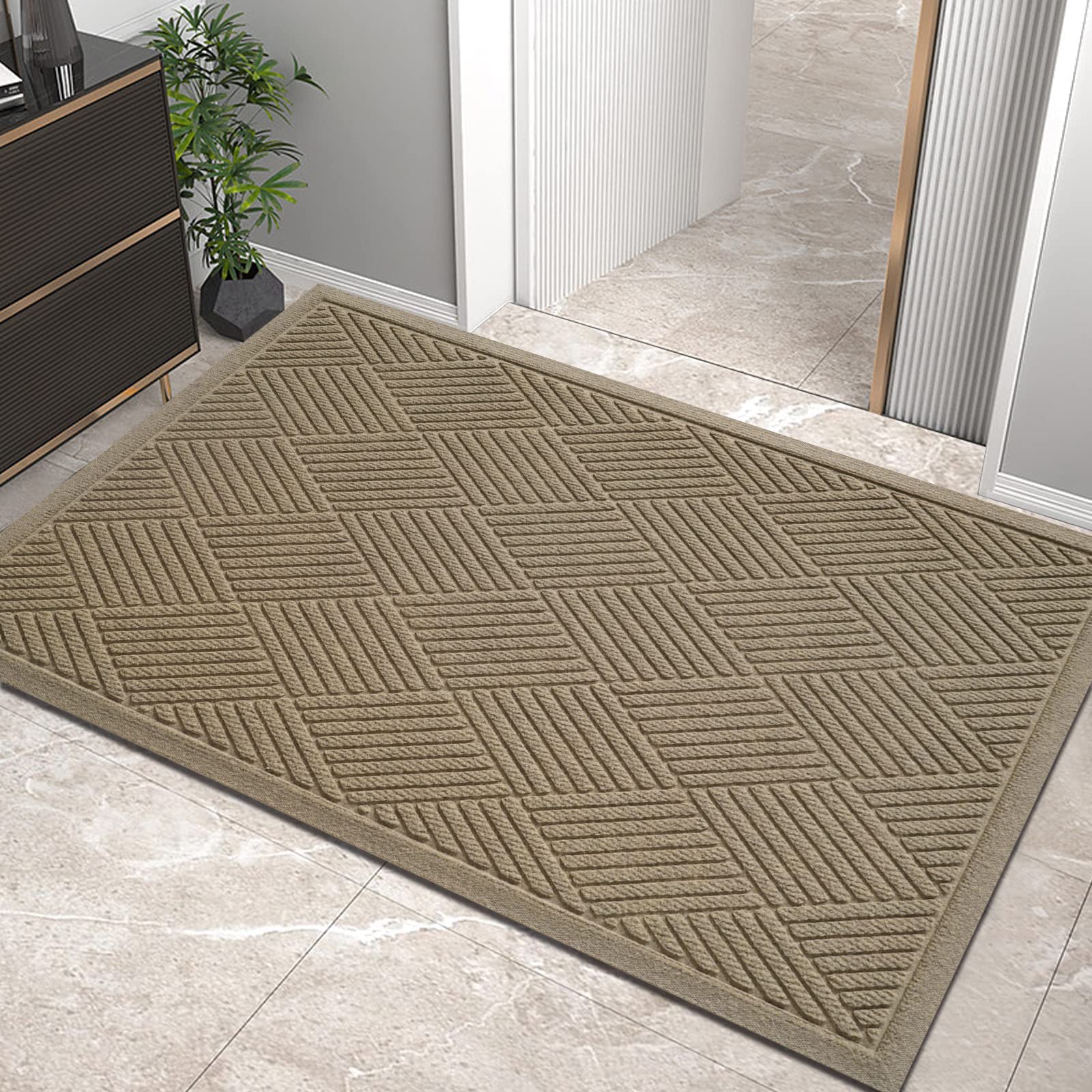 HIYARD Sturdy Front Door Mat, Absorbent Muddy Dirt Resist Welcome Door Mats Outdoor Indoor, Stain and Fade Resistant, Non-Slip Rubber Backing Low Profile Doormat for Entryway, 30×17, Beige