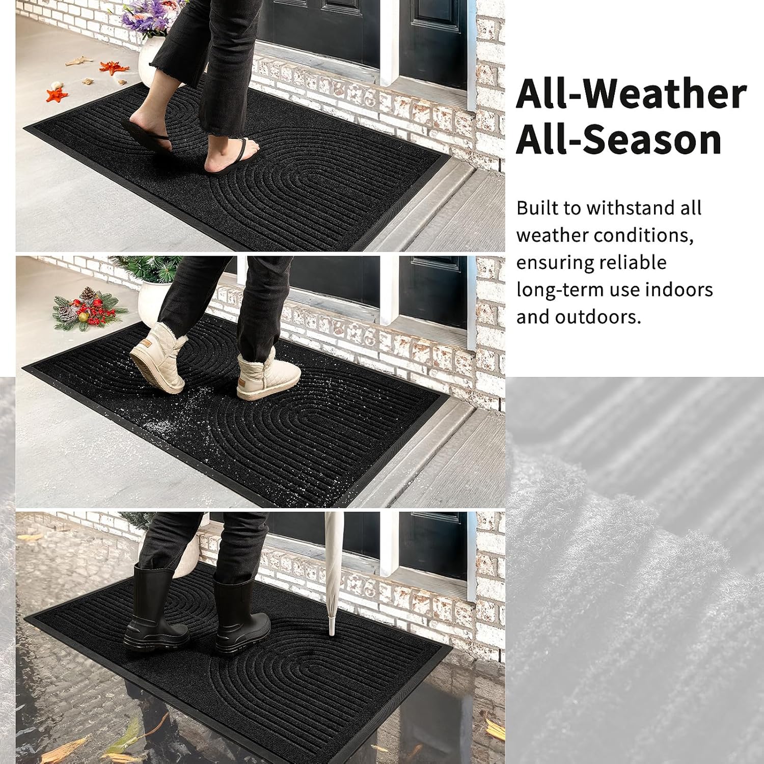 RORA Front Door Mat Outside Indoor Entrance, Heavy Duty Non Slip Welcome Doormat, Natural Rubber Floor Mat for Entryway, Patio, Garage, Porch, 29.5"x17", Black