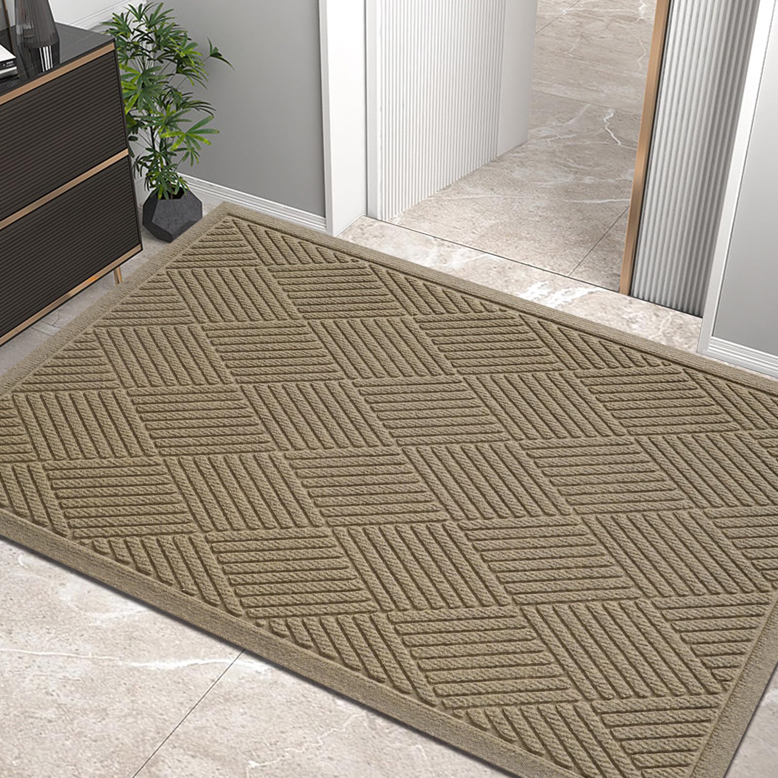 HIYARD Sturdy Front Door Mat, Absorbent Muddy Dirt Resist Welcome Door Mats Outdoor Indoor, Stain and Fade Resistant, Non-Slip Rubber Backing Low Profile Doormat for Entryway, 30×17, Beige