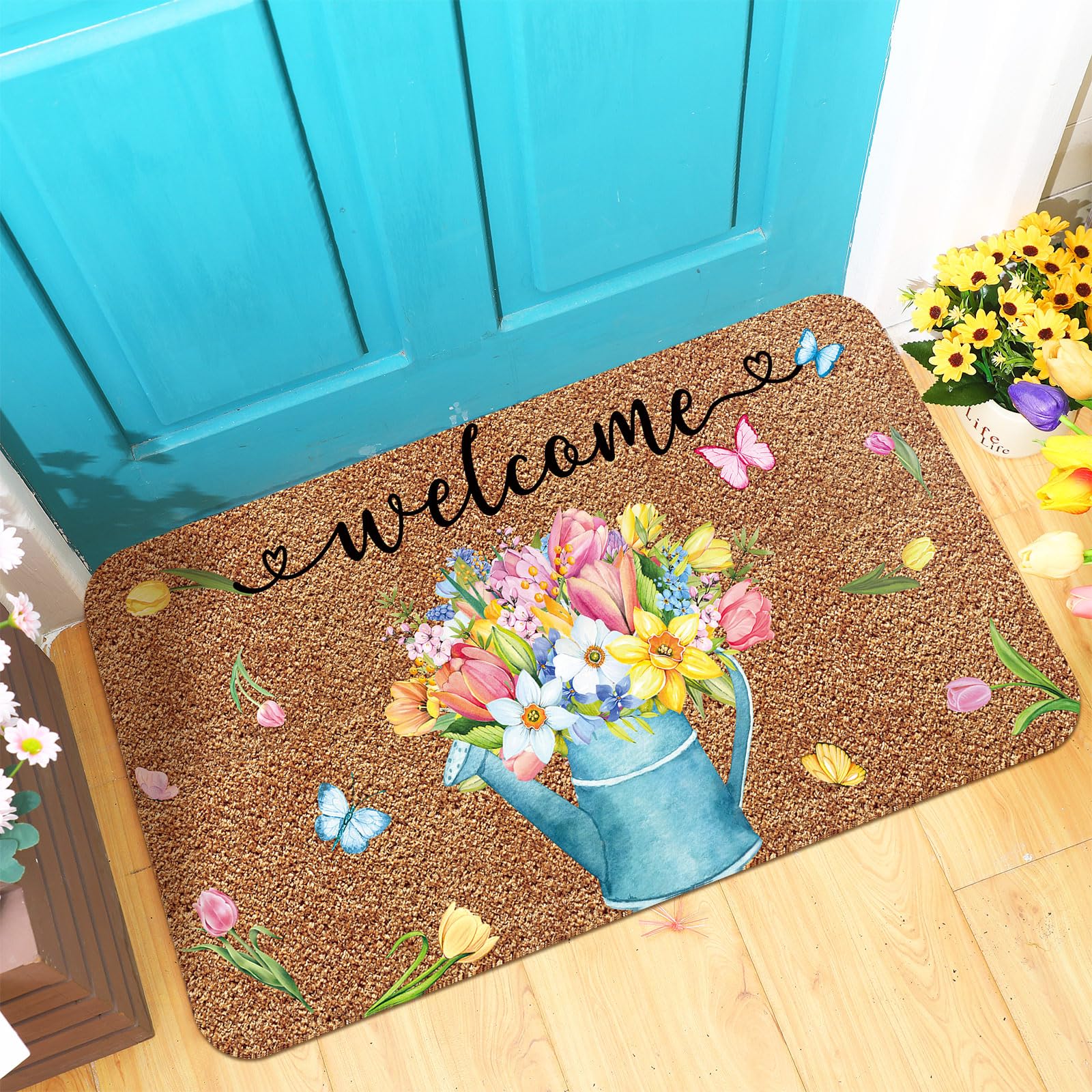 Doormat Coir Welcome Door Mat Colorful Print Floral Decoration Flower Indoor Outdoor Entrance Spring Non Slip Door Rugs for Front Easy Clean Entryway 29.5 x 17.7 Inch(Watering Pot)