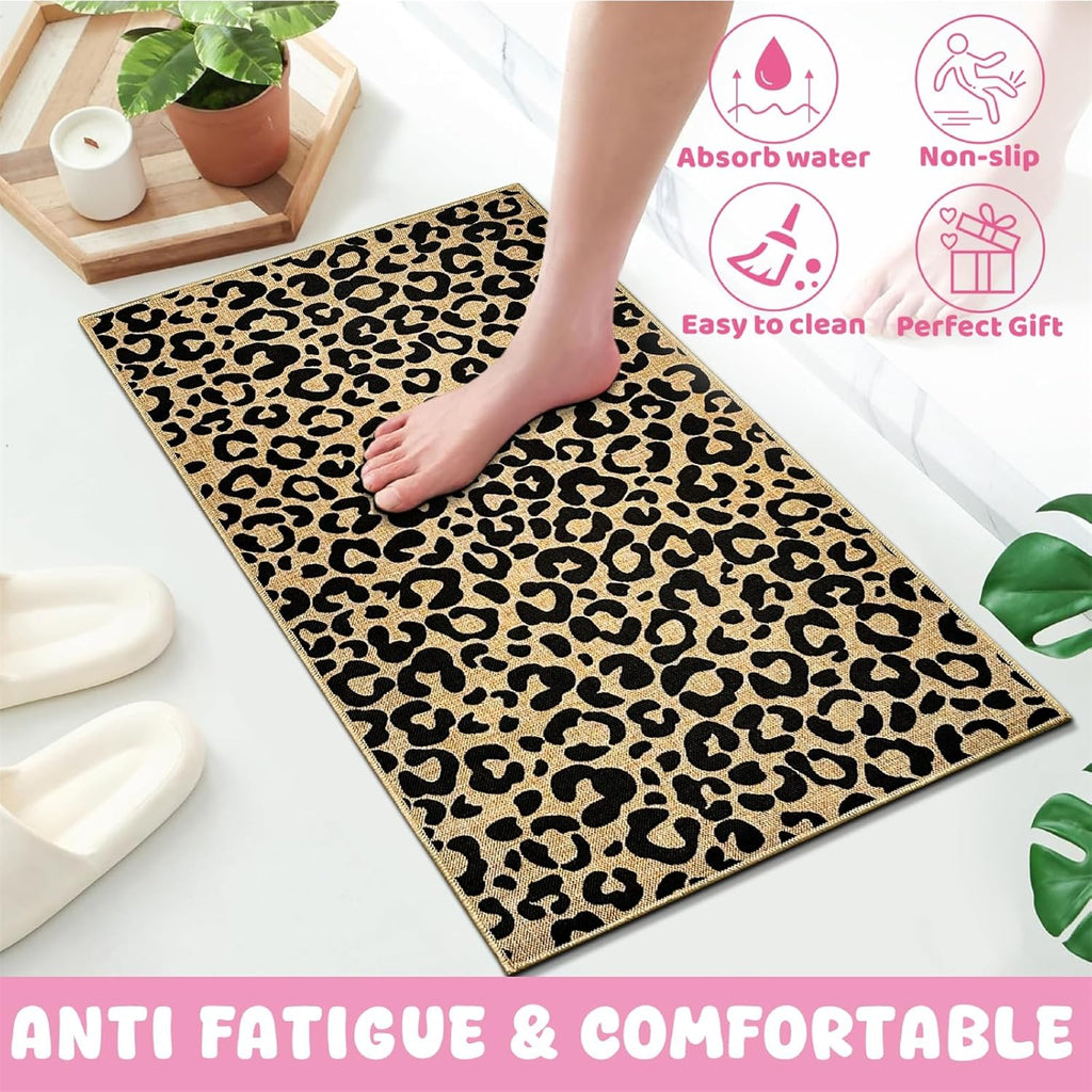 Leopard Print Doormat Black Welcome Door Mat Outdoor Indoor Entrance Floor Mat Non-Slip Entryway Carpet for Entryway Hallway Porch Washable Inside Outside Doormat for Home Decor