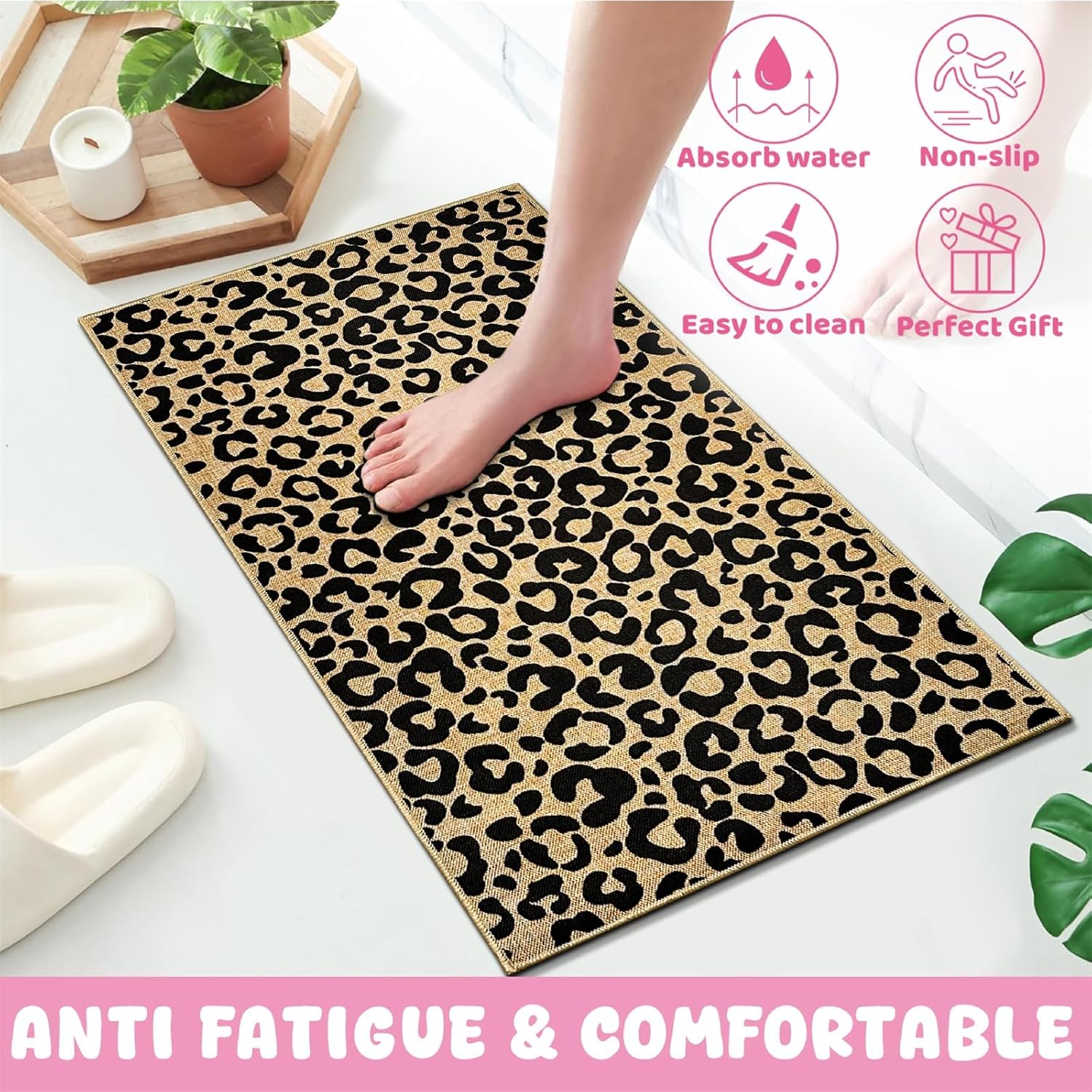 Leopard Print Doormat Black Welcome Door Mat Outdoor Indoor Entrance Floor Mat Non-Slip Entryway Carpet for Entryway Hallway Porch Washable Inside Outside Doormat for Home Decor