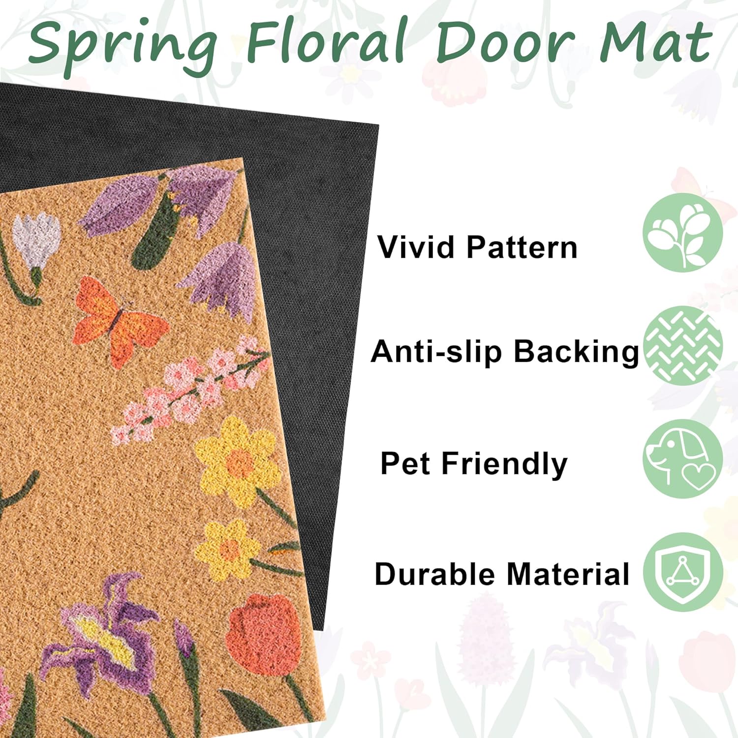 Spring Door Mat with Wildflowers Border, Outdoor Indoor Welcome Mat for Front Door, Spring Decor Floral Style for Porch, Patio or Entryway, 17" X 29.5" (Hello)
