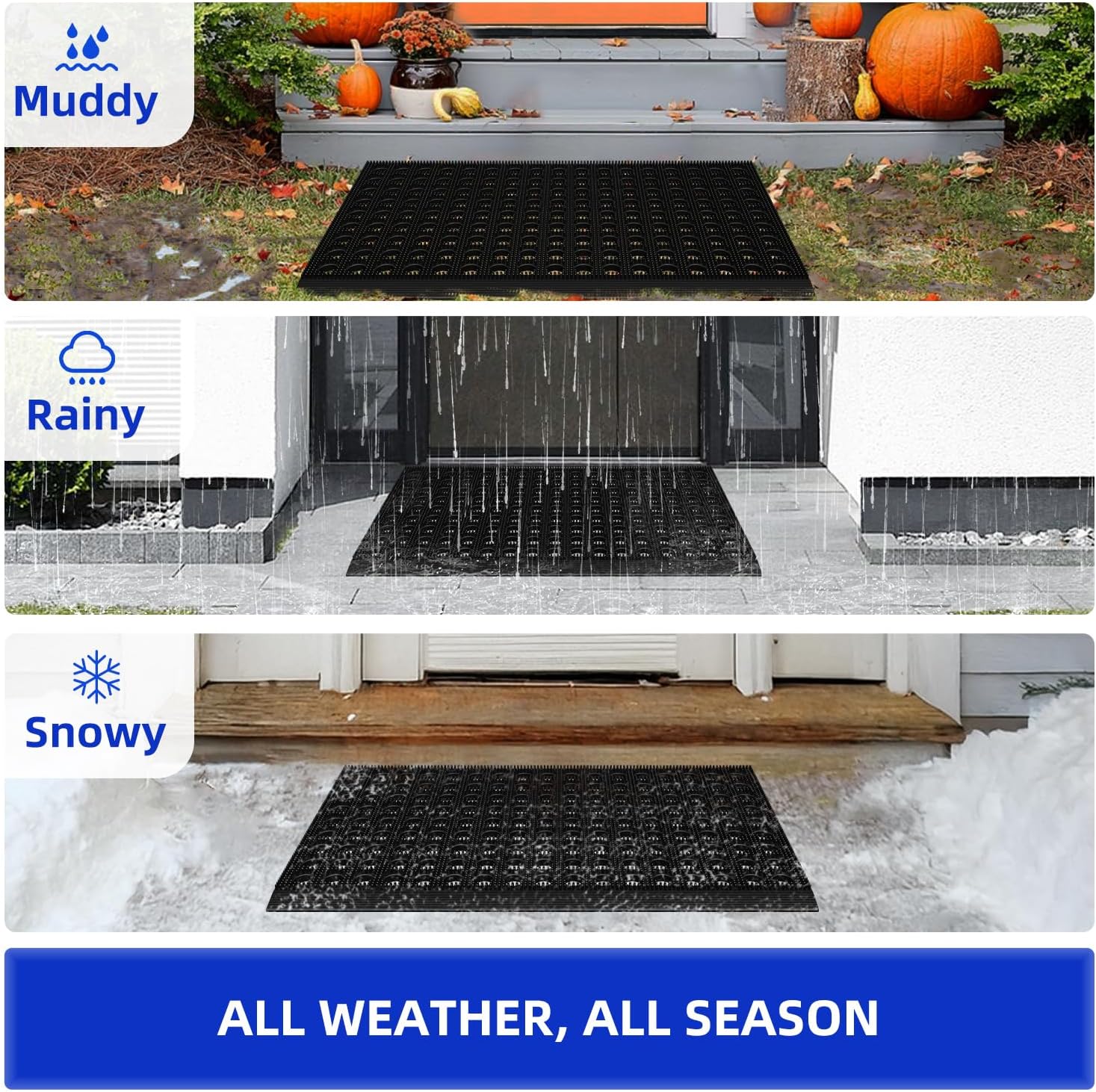 Mibao Front Door Mat Outside Entrance, Heavy Duty Welcome Rubber Doormat Waterproof, All Weather Dirt Trapper Non-Slip Drainage Doormat, Entry Mat for Garage Home Pool Commercial, 17" x 29.5", Black